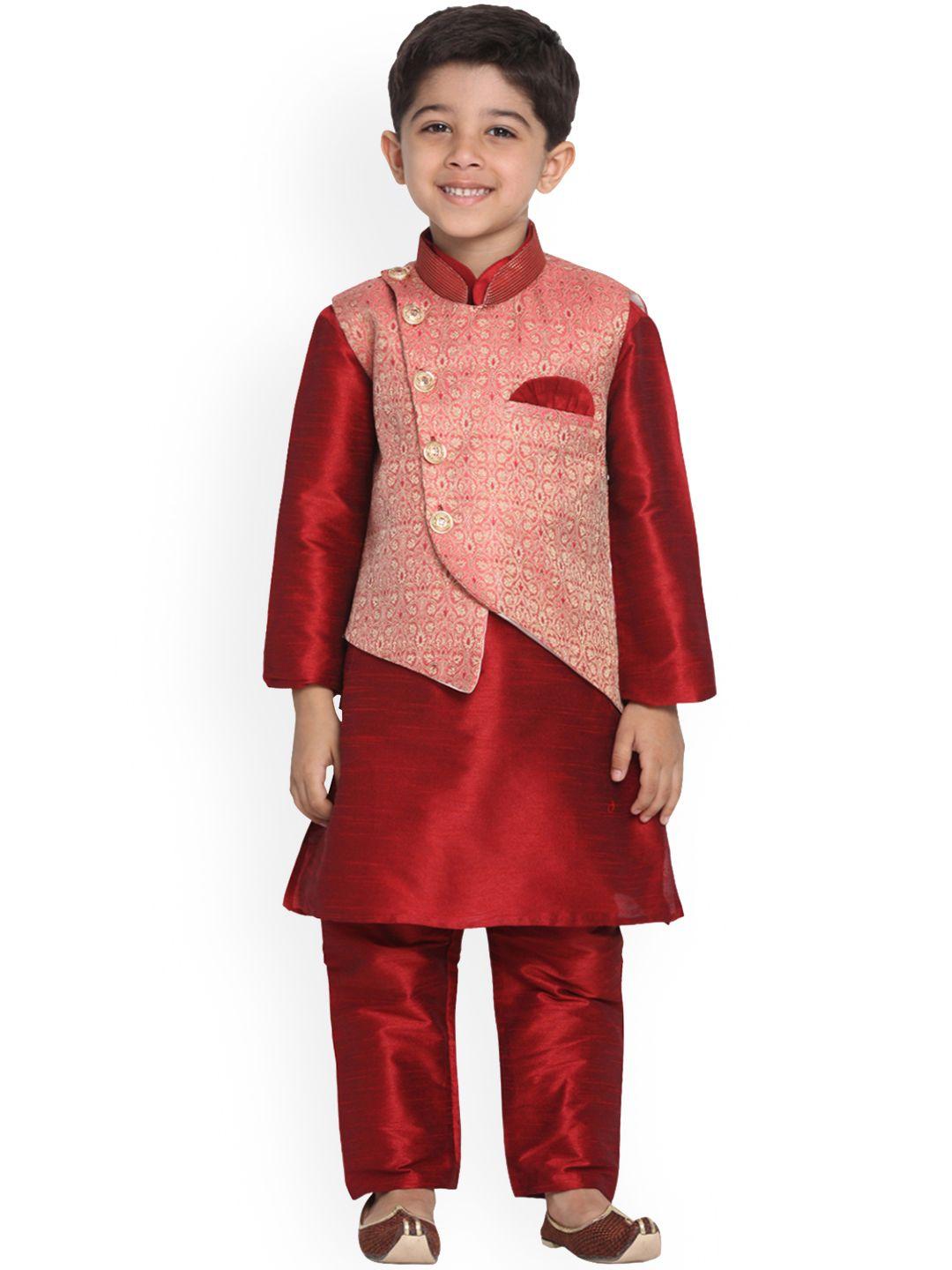 yk boys maroon & pink self design kurta with pyjamas