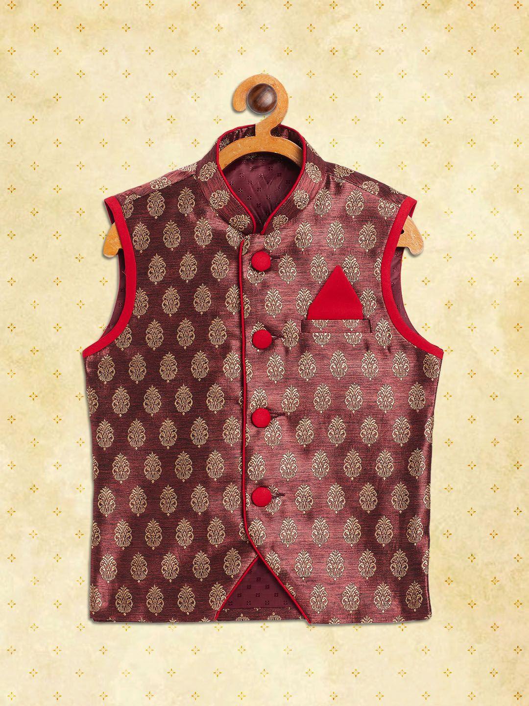 yk boys maroon ethnic motifs slim-fit nehru jacket