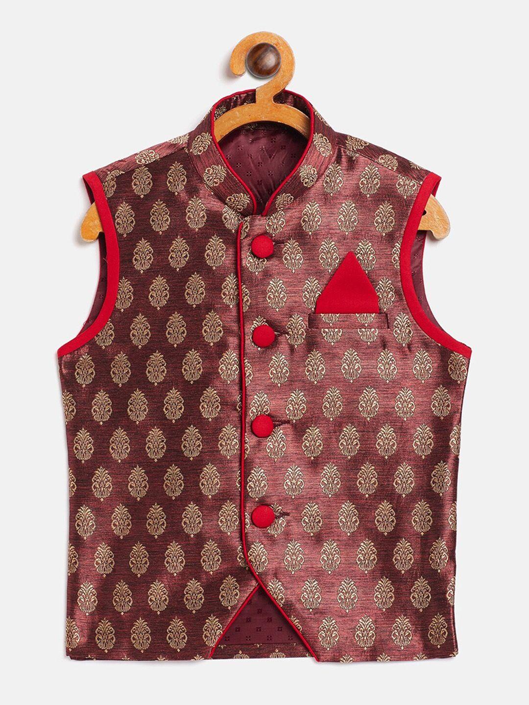 yk boys maroon ethnic self pattern buti nehru jacket with square pocket
