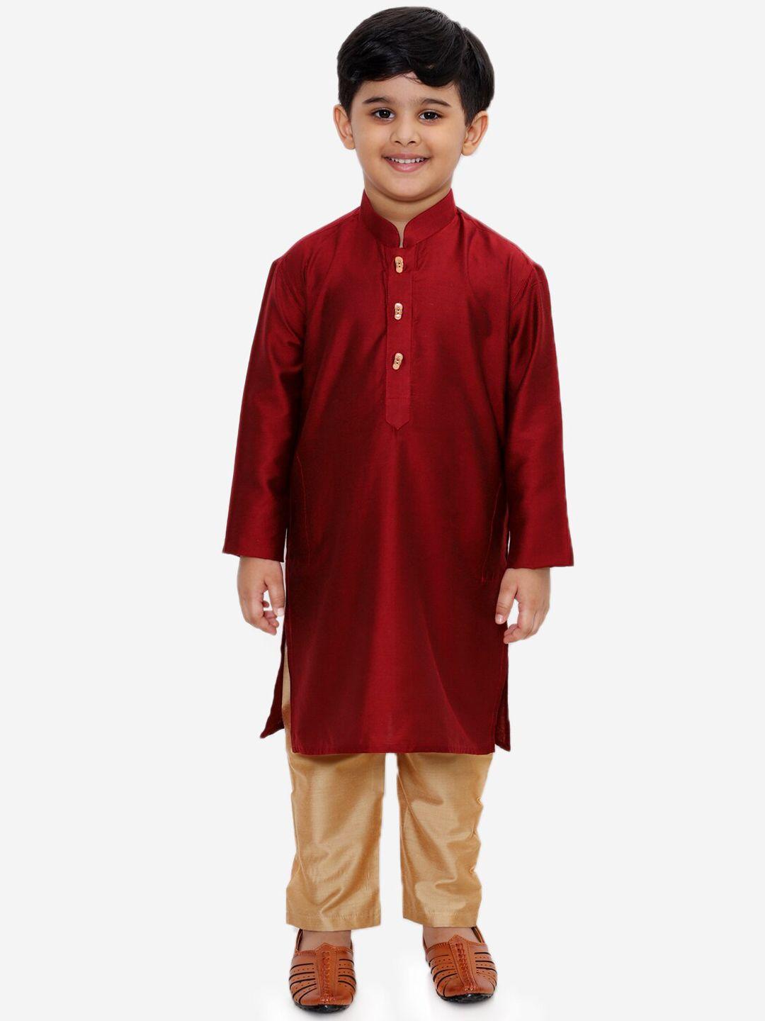 yk boys maroon mandarin collar straight kurta with pyjama