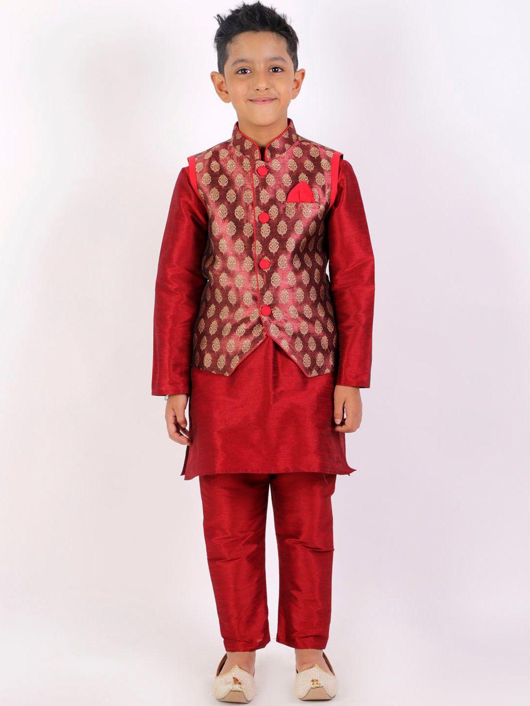 yk boys maroon straight kurta with pyjamas & nehru jacket