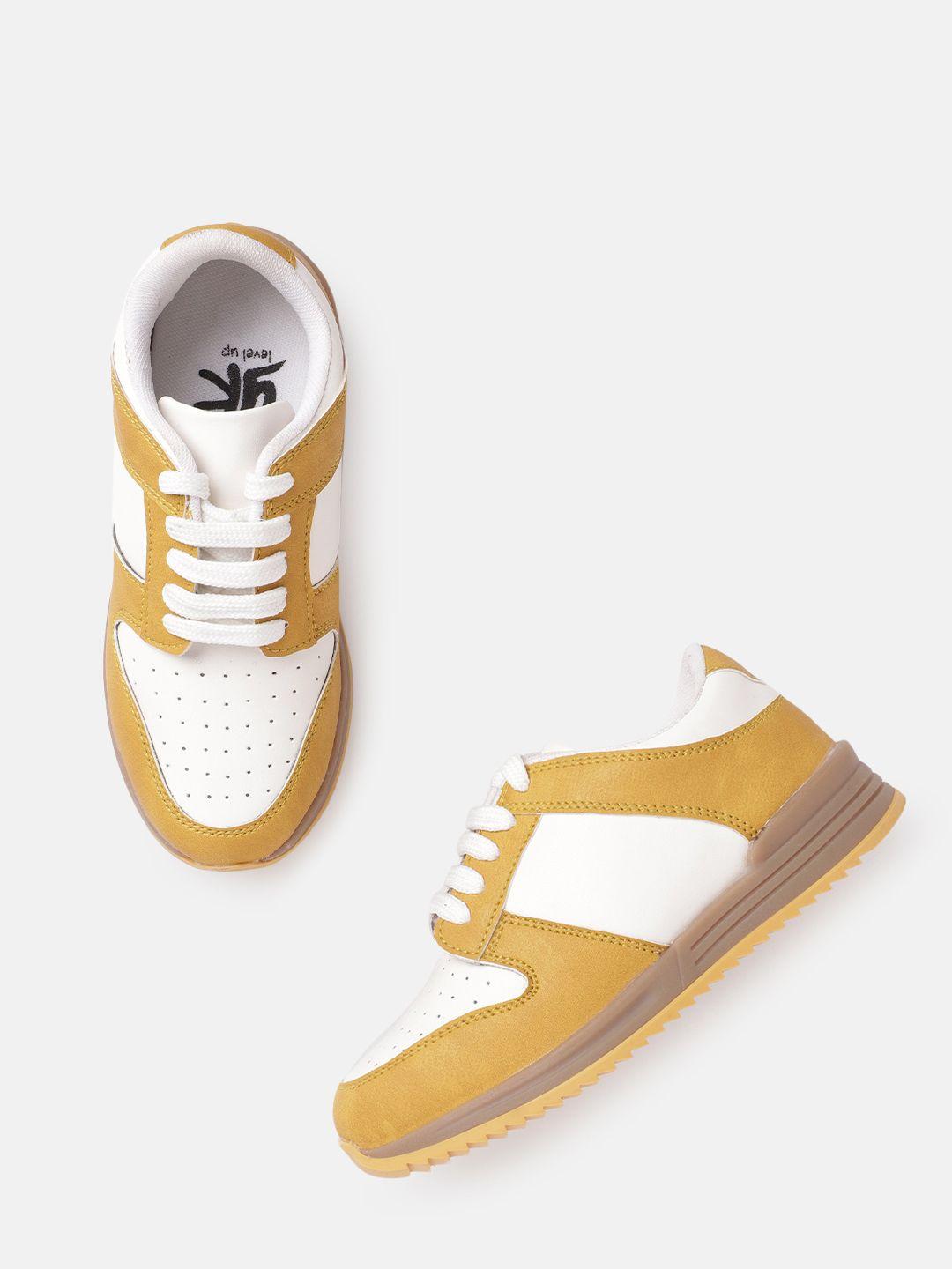 yk boys mustard yellow & white colourblocked sneakers with perforated detail