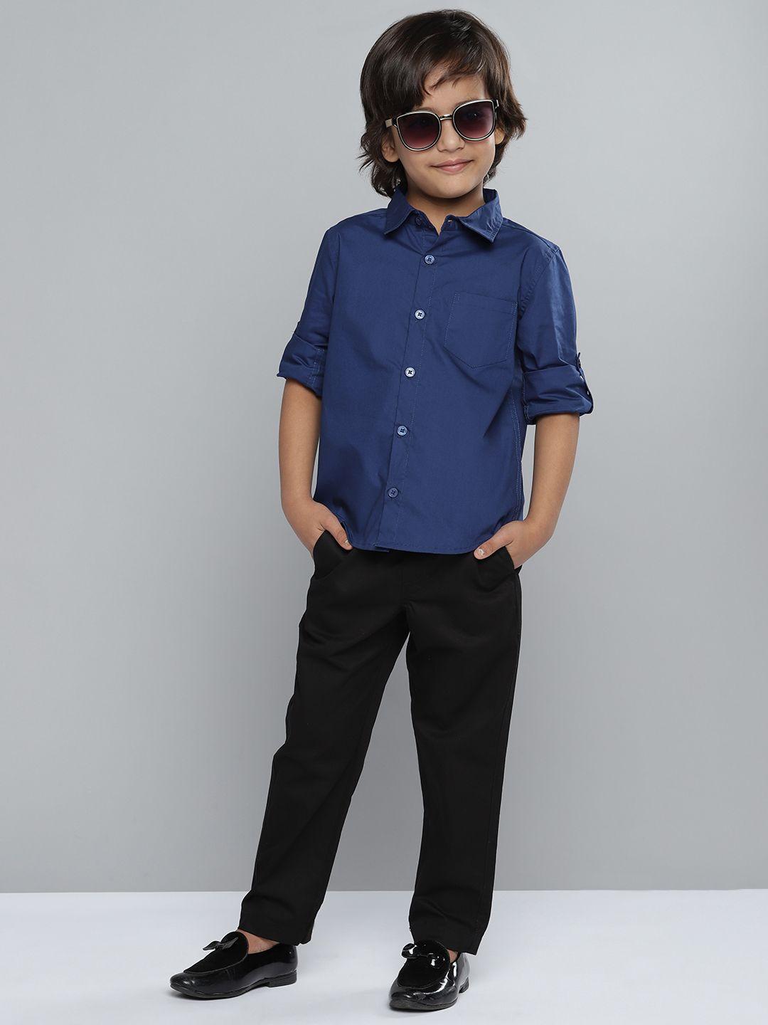 yk boys navy blue & black pure cotton solid shirt with trousers