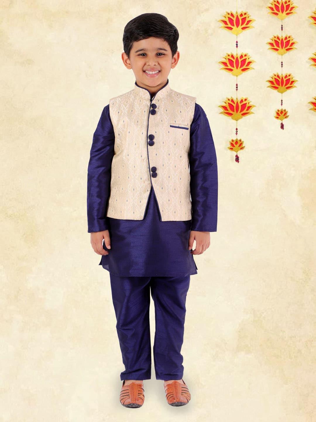 yk boys navy blue & cream straight kurta with pyjamas and nehru jacket
