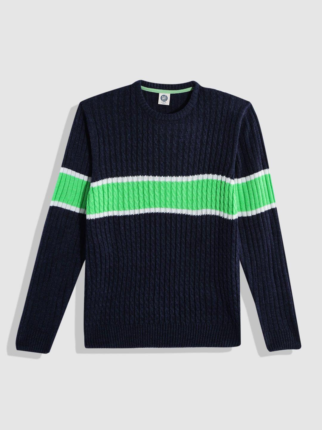 yk boys navy blue & green cable knit striped pullover