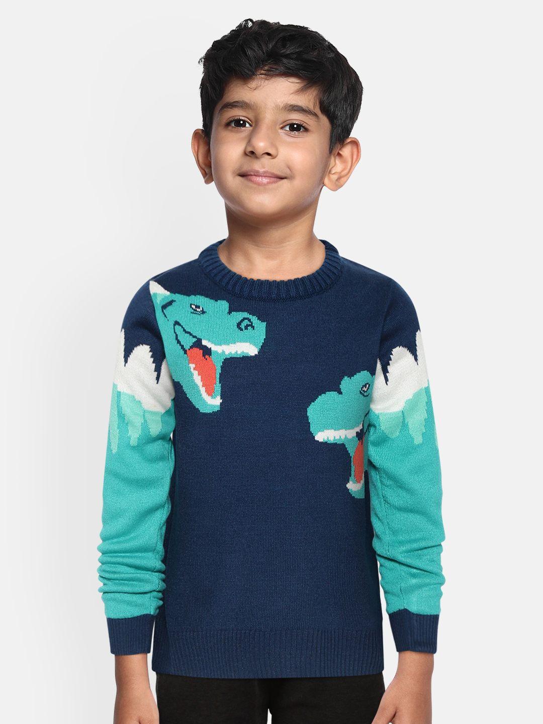 yk boys navy blue & green dinosaur patterned acrylic sweater