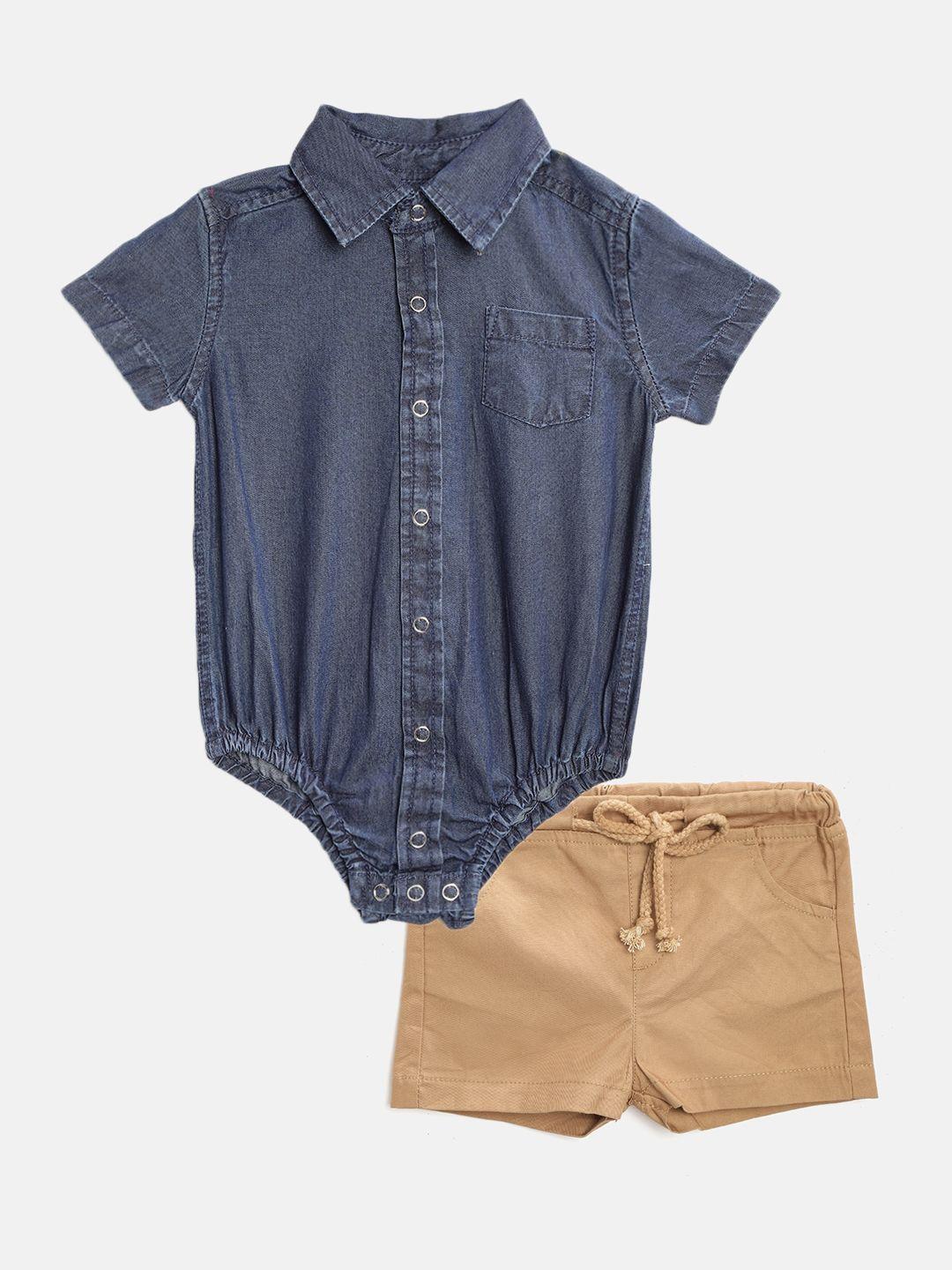 yk boys navy blue & khaki chambray shirt-style bodysuit with shorts