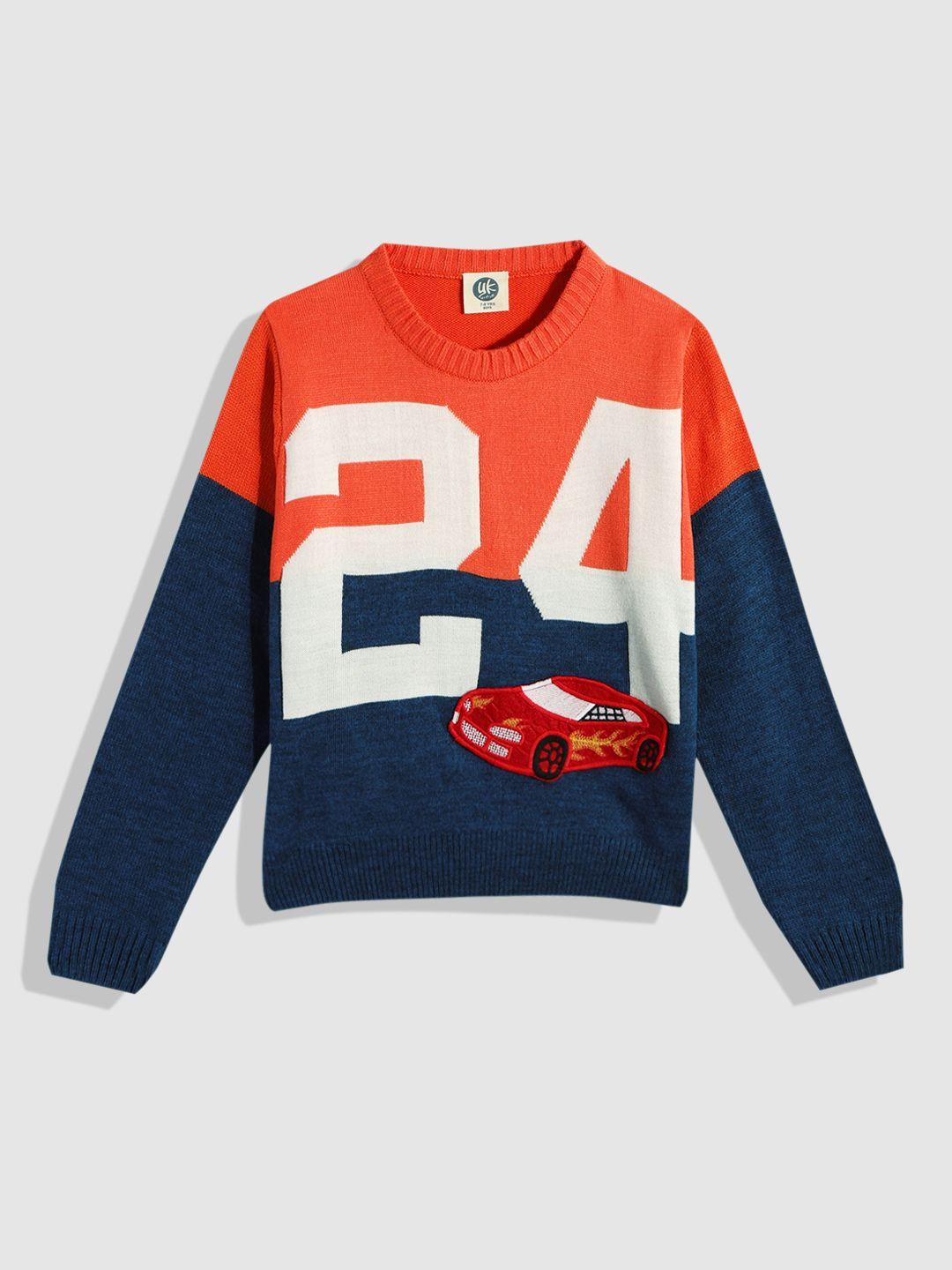 yk boys navy blue & orange colourblocked pullover with applique detail