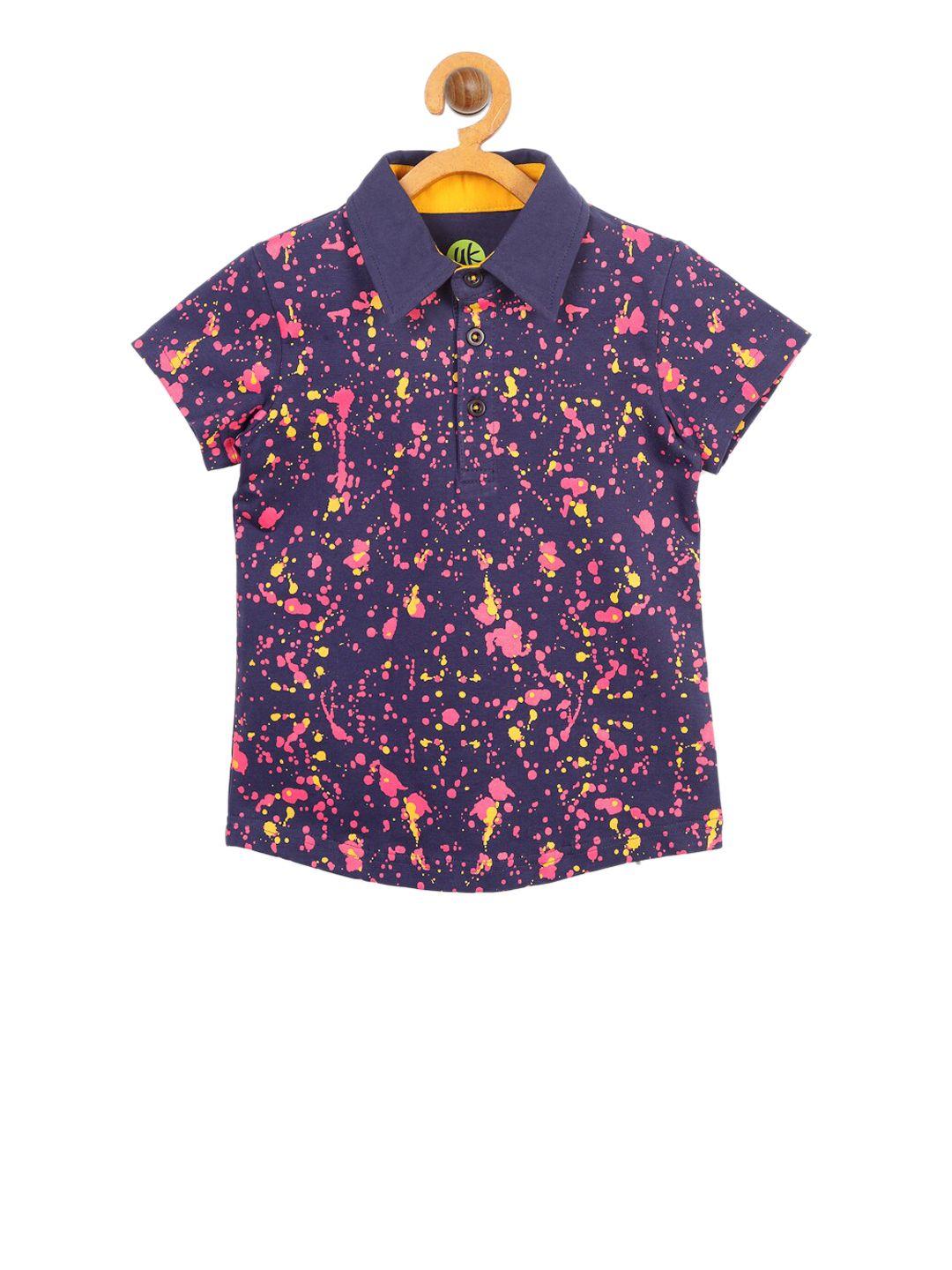 yk boys navy blue & pink printed polo collar t-shirt