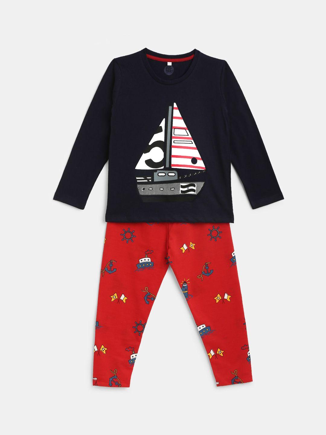 yk boys navy blue & red printed night suit