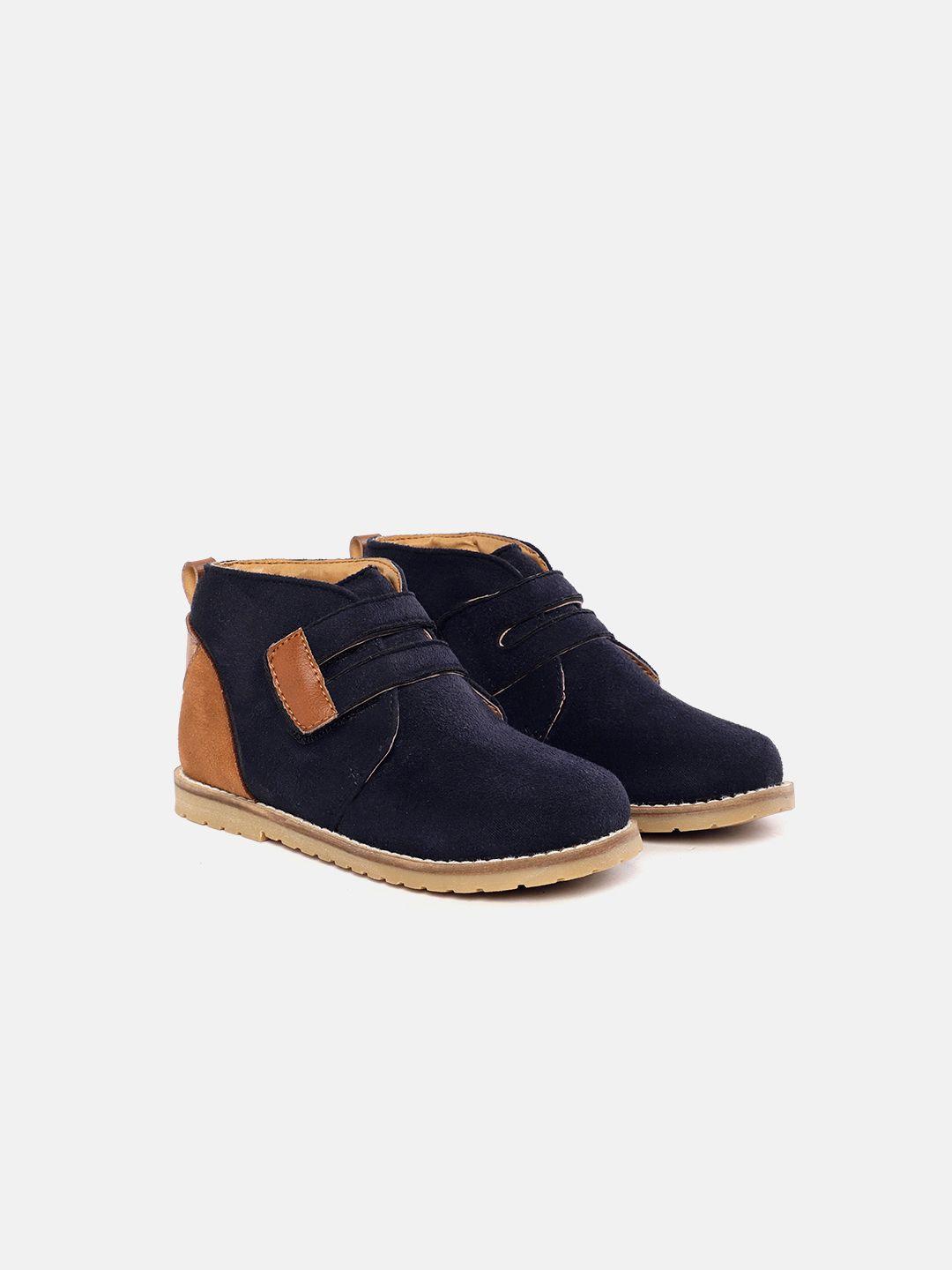 yk boys navy blue & tan brown suede finish colourblock detail mid-top chukka boots