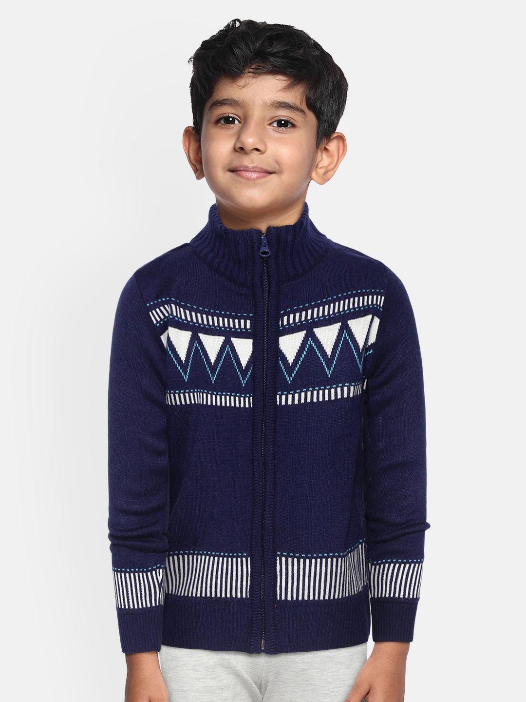 yk boys navy blue & white geometric self design acrylic cardigan