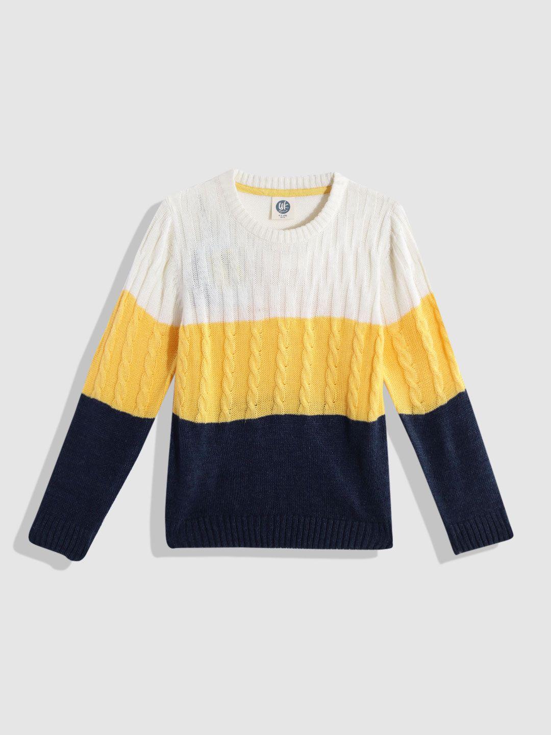 yk boys navy blue & yellow cable knit colourblocked pullover