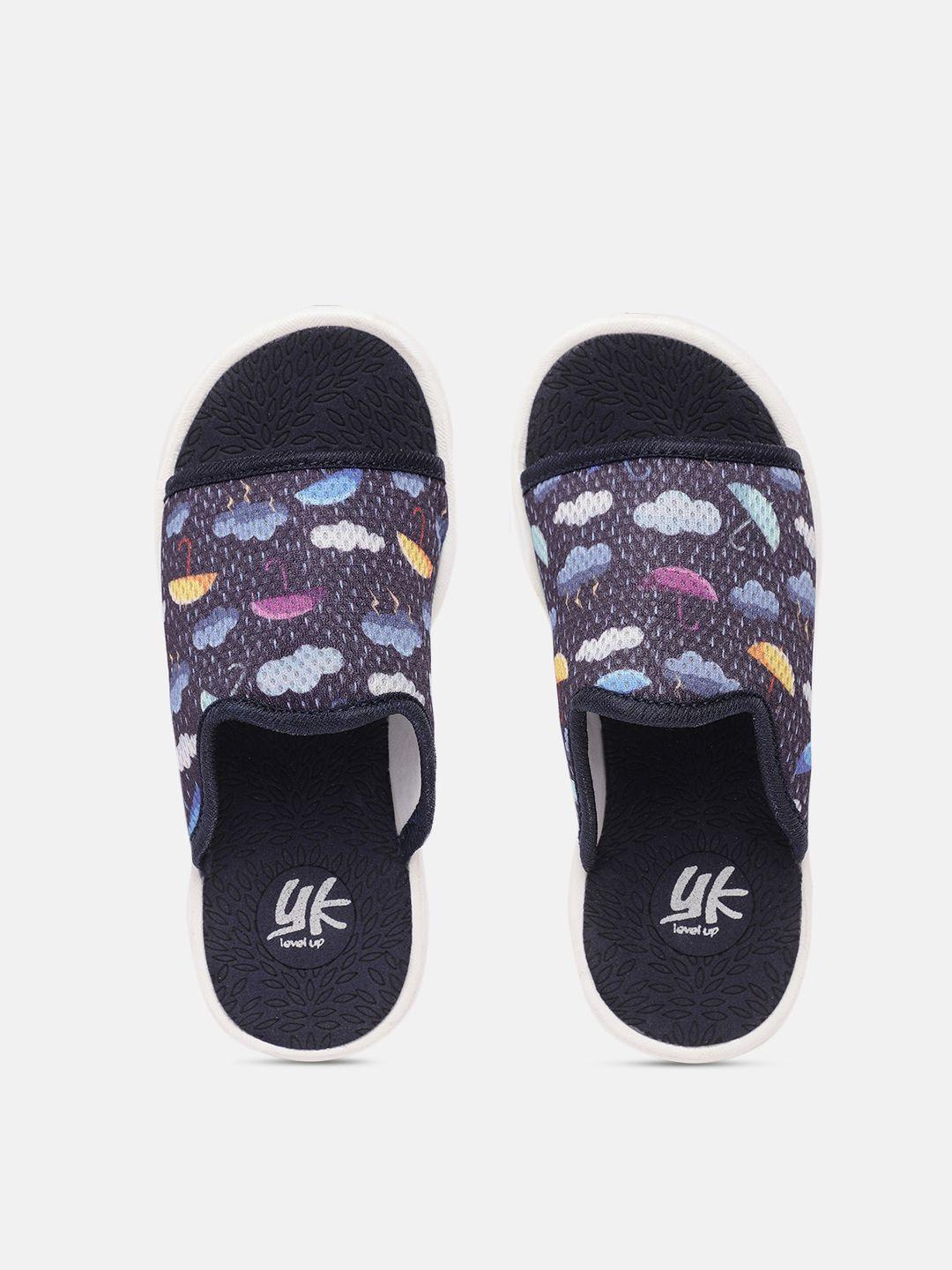 yk boys navy blue conversational print sliders