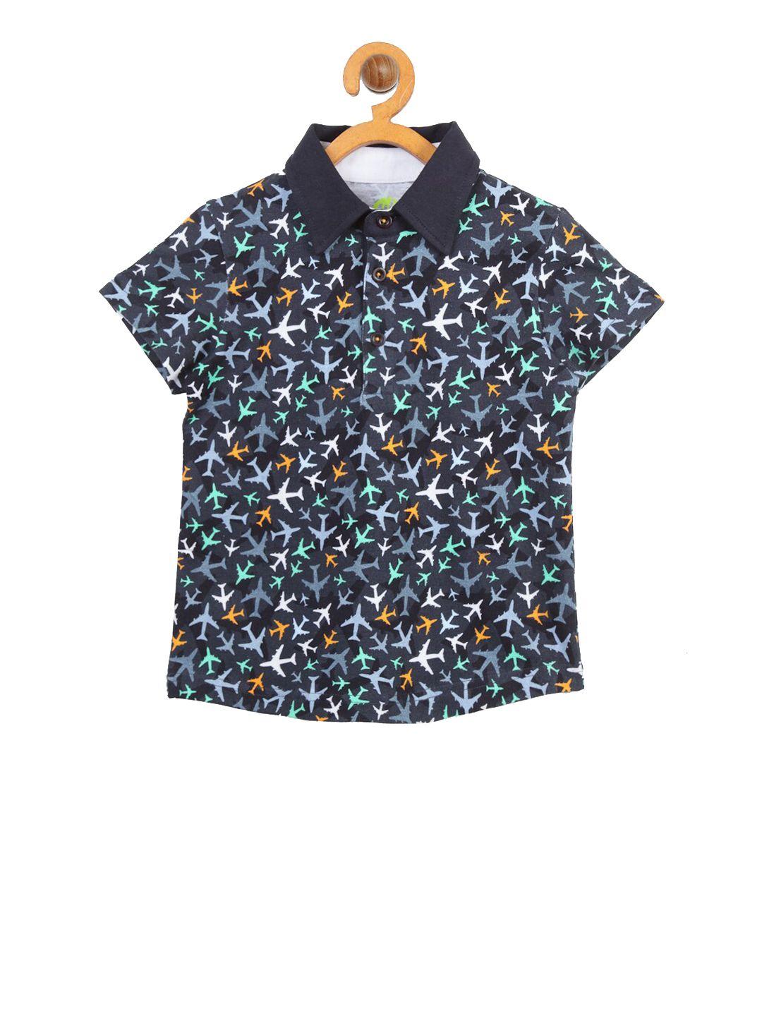 yk boys navy blue printed polo collar t-shirt