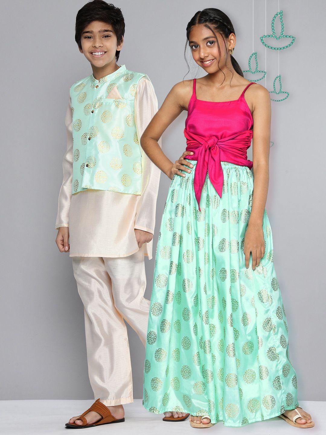 yk boys off white & sage green sibling collection kurta with trousers & nehru jacket