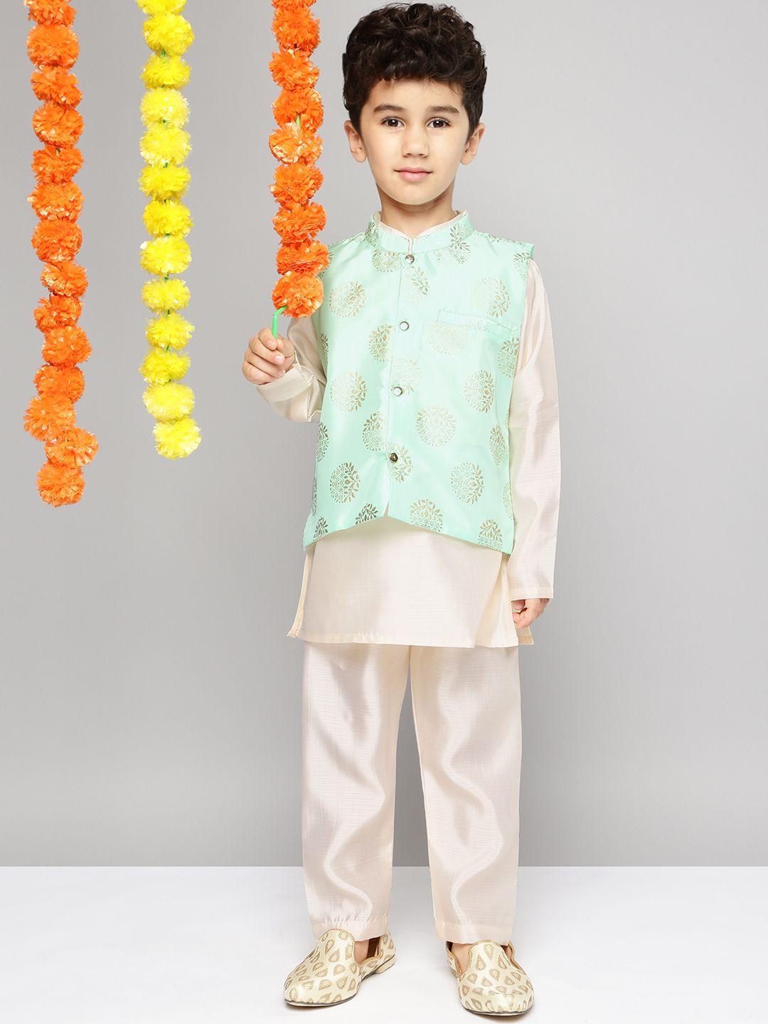 yk boys off white and sage green kurta with trousers and nehru jacket