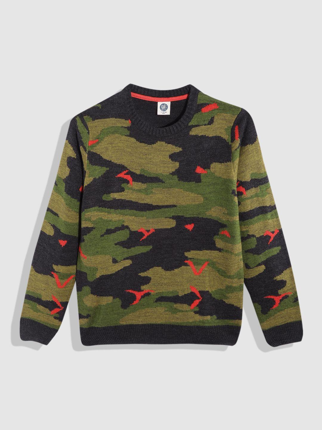 yk boys olive green & black camouflage printed pullover