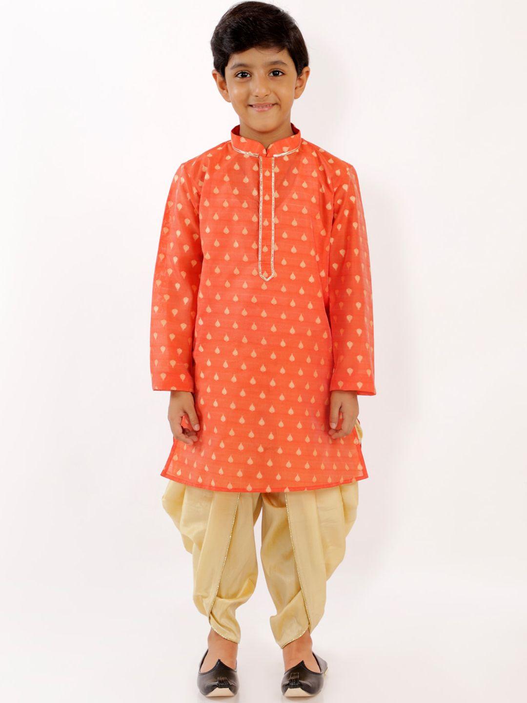 yk boys orange & gold floral jacquard weave gotta patti work straight kurta & dhoti pants