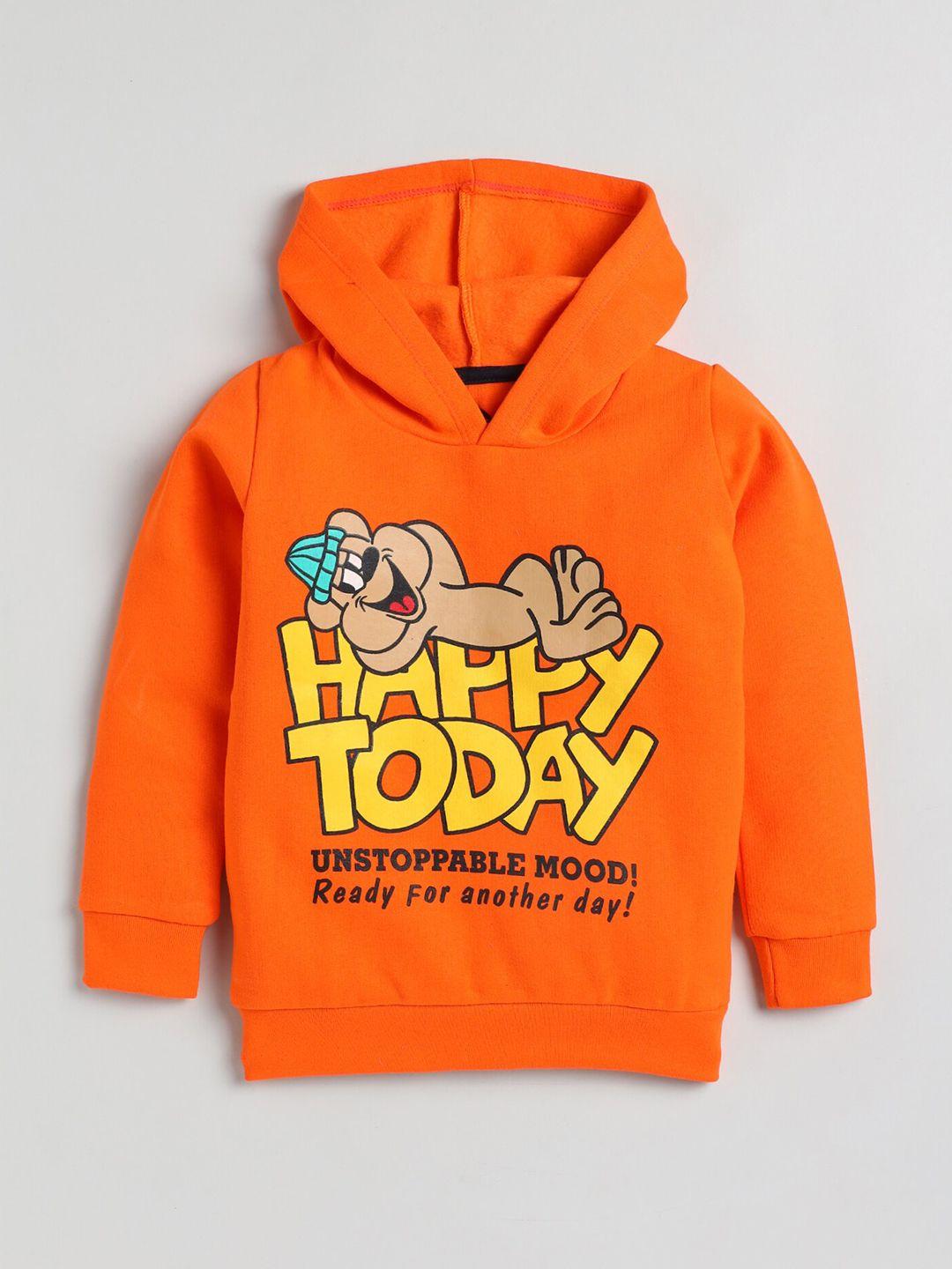 yk boys orange bear & typography printed hooded fleece sweatshirt
