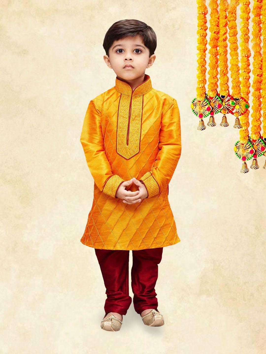 yk boys orange straight mandarin collar brocade kurta with churidar