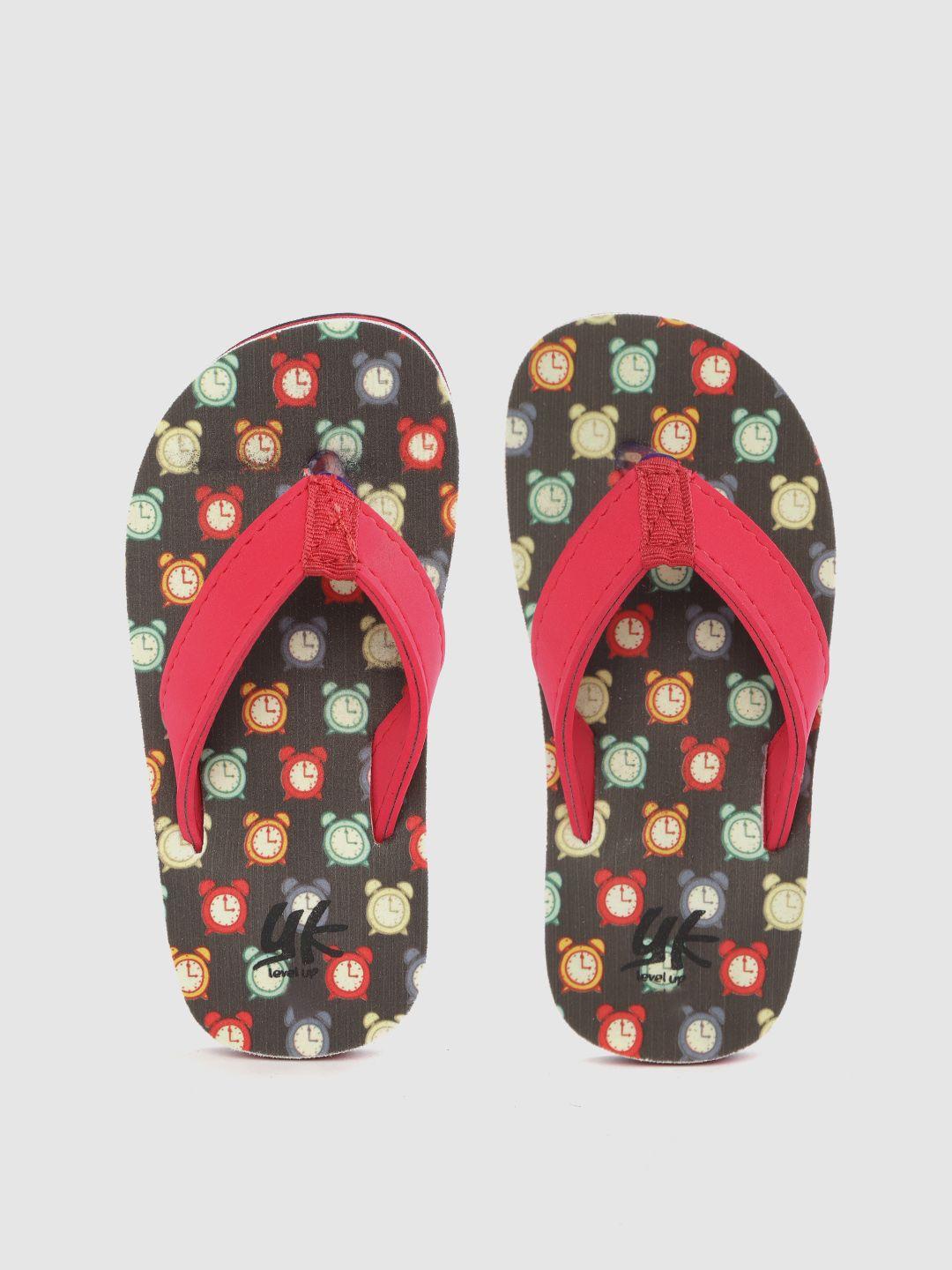 yk boys red & charcoal black alarm clock print thong flip-flops