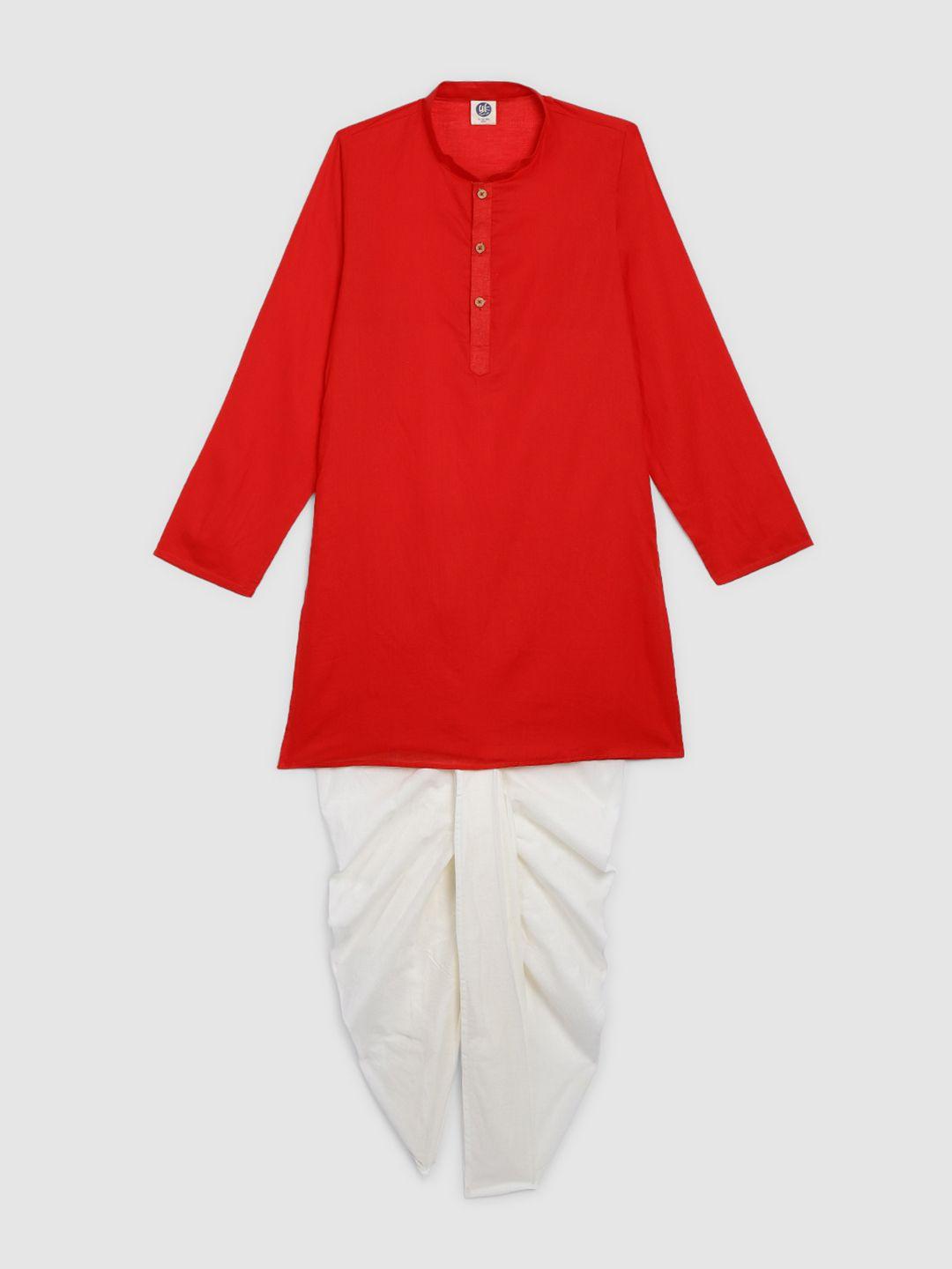 yk boys red & white solid kurta with dhoti pants