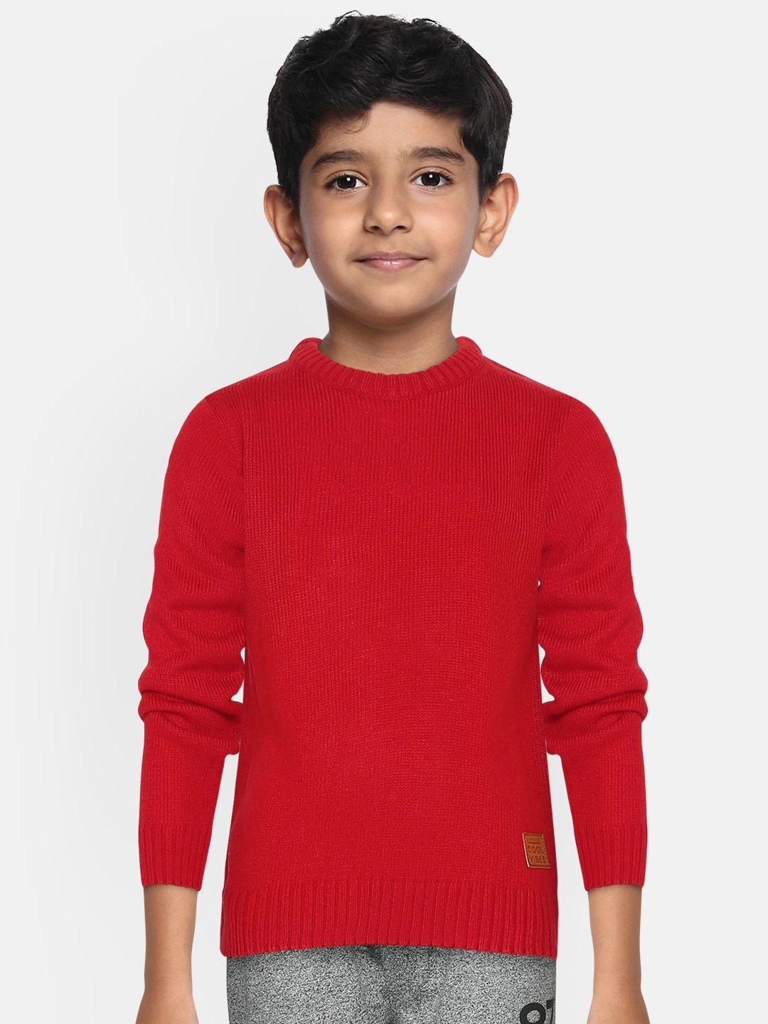 yk boys red solid round neck pullover