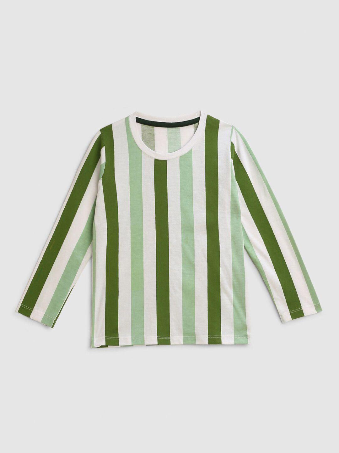 yk boys white & olive green colour cotton fabric striped t-shirt