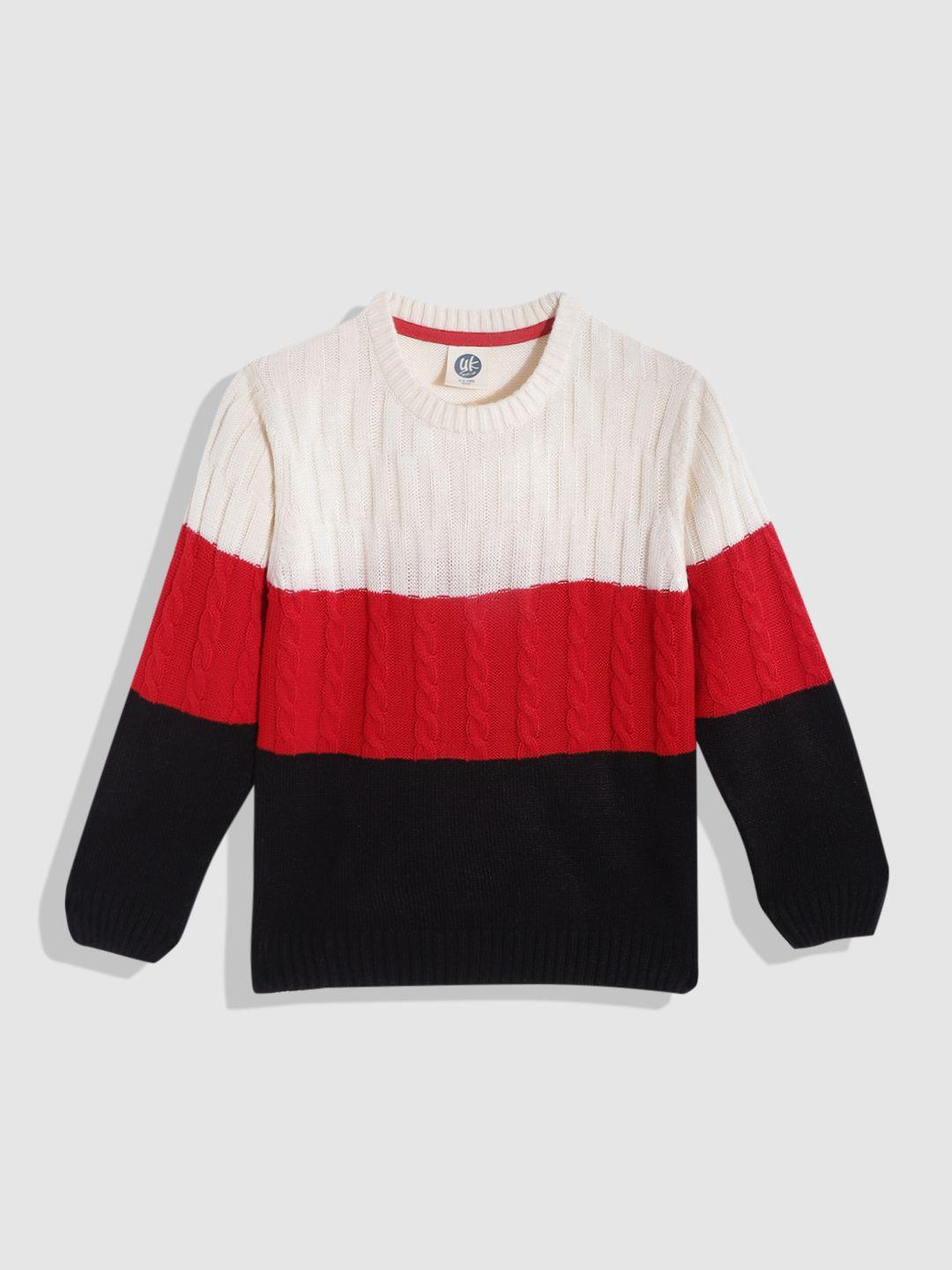 yk boys white & red cable knit colourblocked pullover