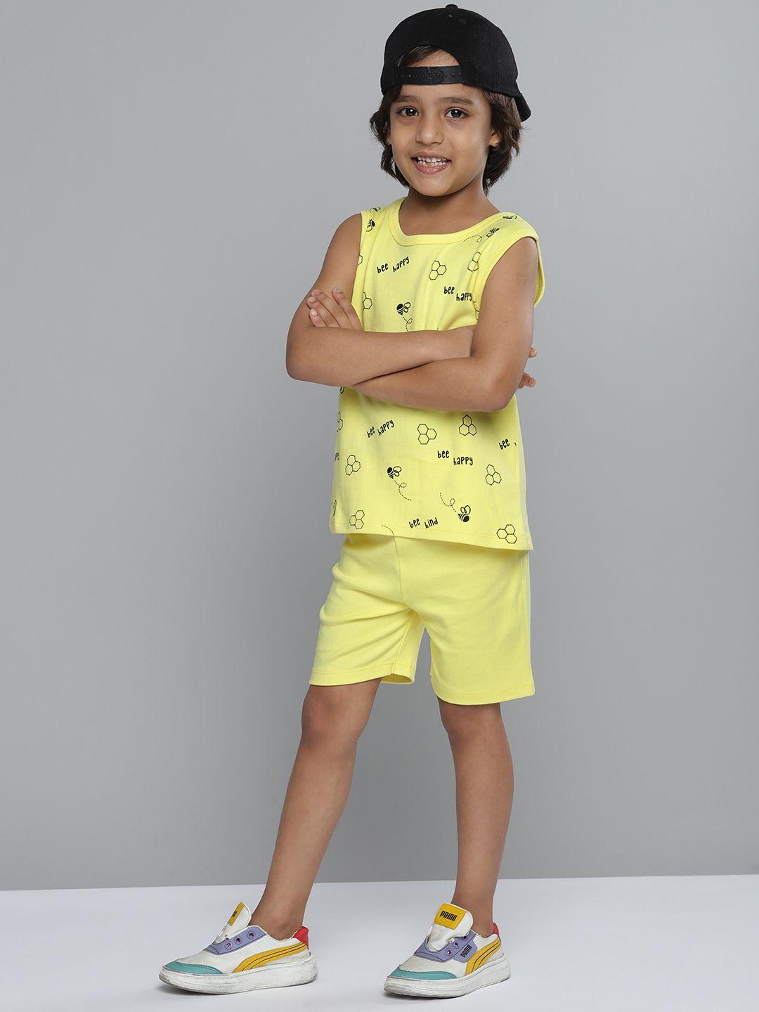 yk boys yellow & black printed cotton t-shirt with shorts