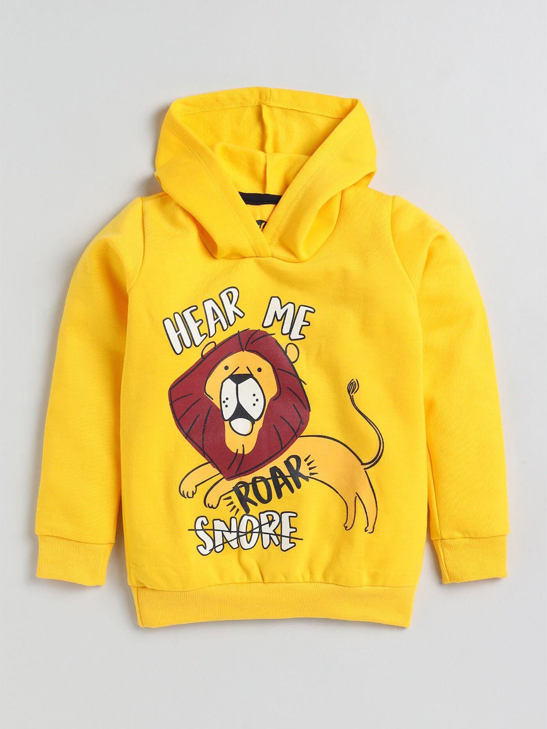 yk boys yellow line & typography printed hooded fleece sweatshirt