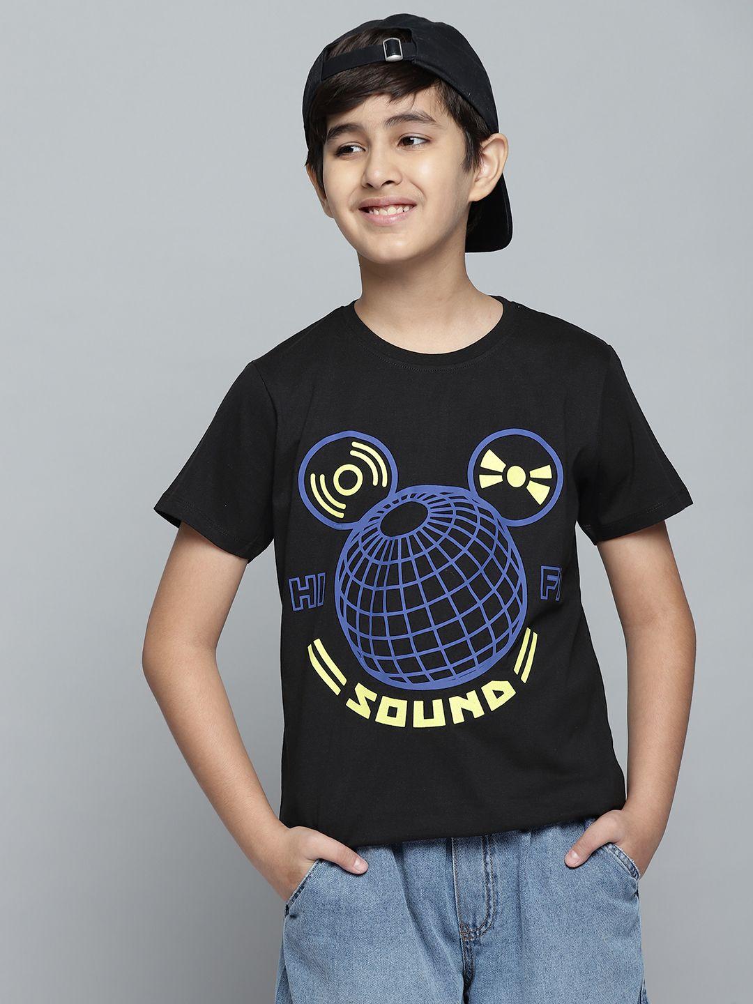 yk disney boys black & blue mickey mouse printed pure cotton t-shirt