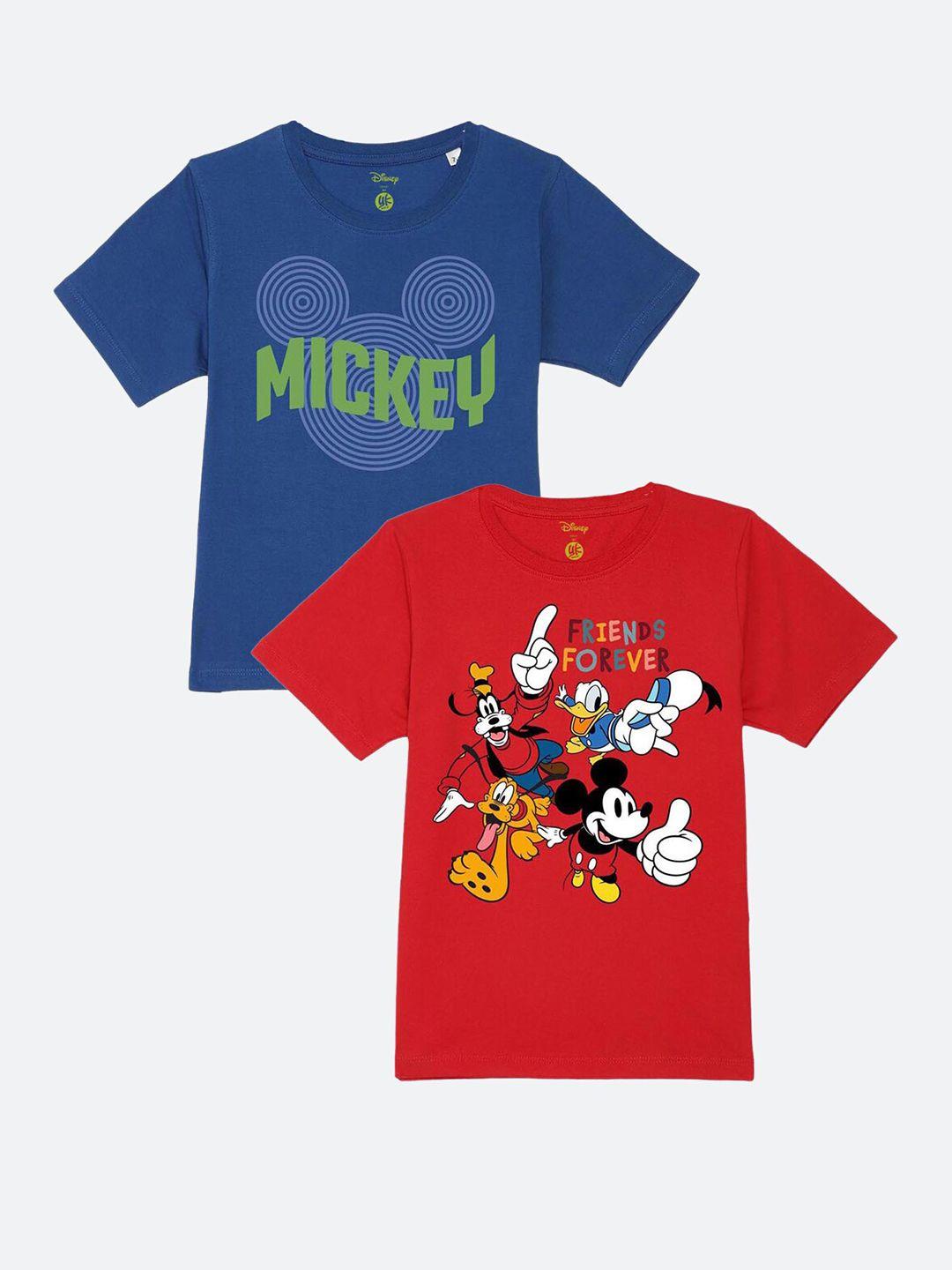 yk disney boys blue & red 2 mickey mouse printed pure cotton t-shirt
