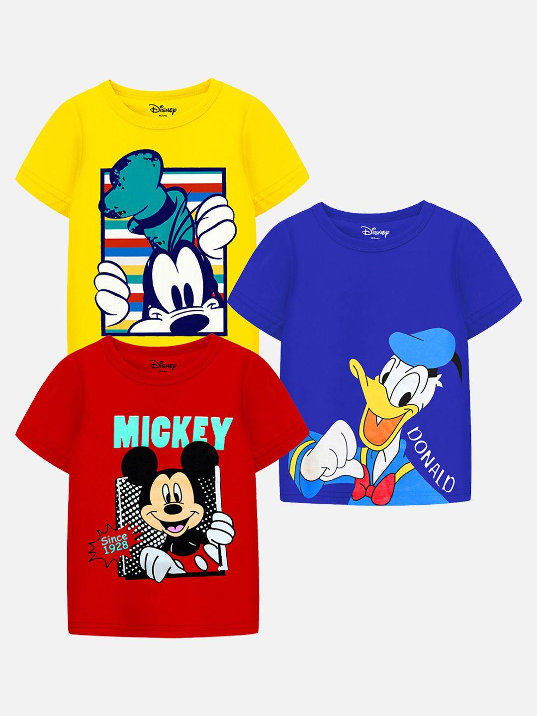 yk disney boys blue & red pack of 3 printed cotton t-shirt