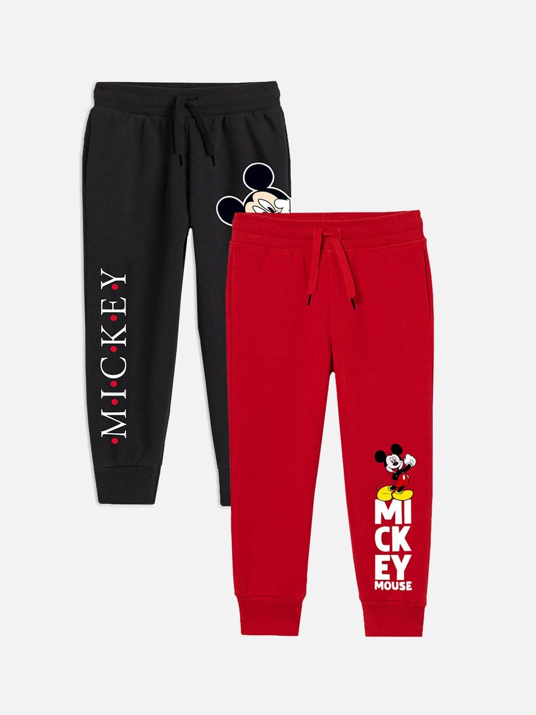 yk disney boys pack of 2 black & red mickey mouse printed cotton joggers