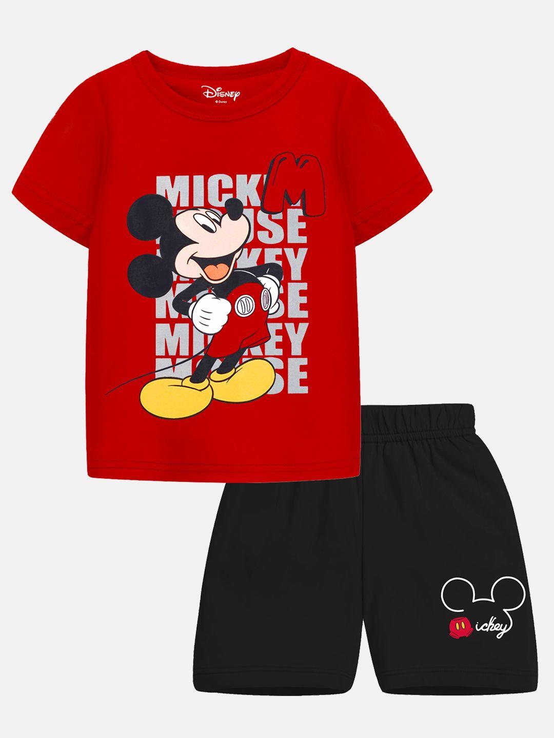 yk disney boys red & black mickey mouse printed t-shirt with shorts
