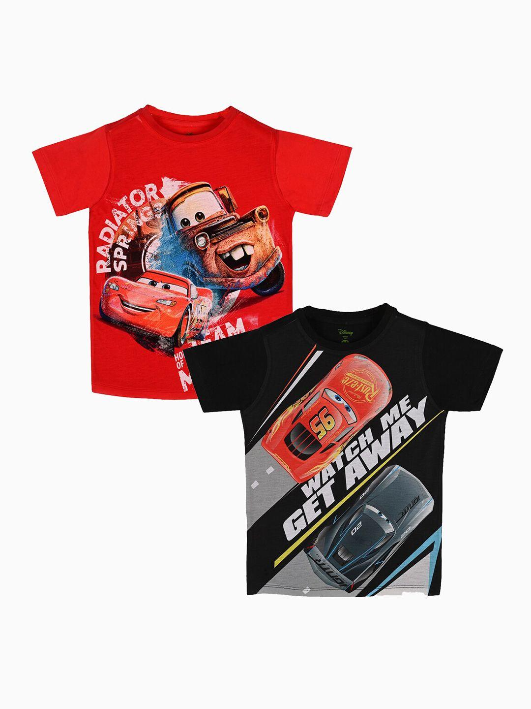 yk disney boys red & black pack of 2 cars printed pure cotton t-shirts