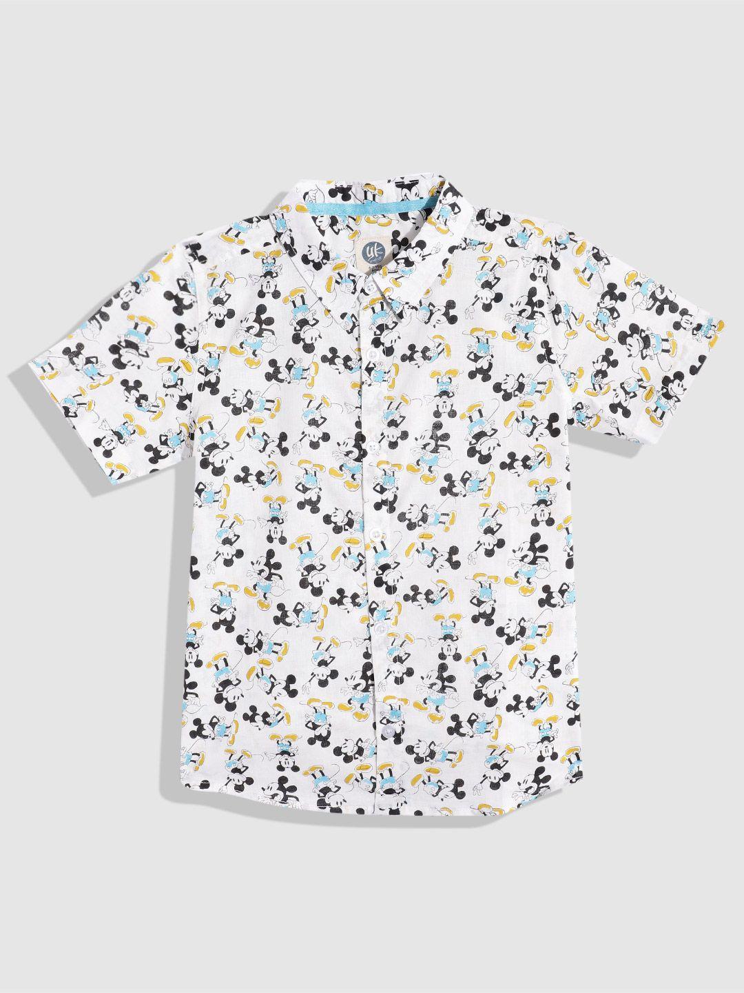yk disney boys white & black regular fit pure cotton mickey mouse print casual shirt