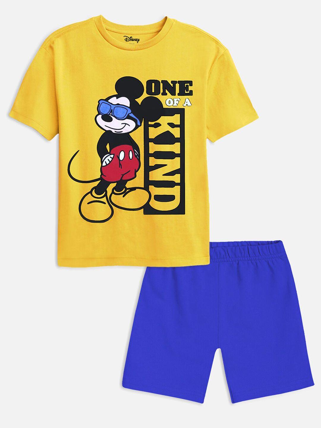 yk disney boys yellow & blue mickey mouse printed t-shirt with shorts