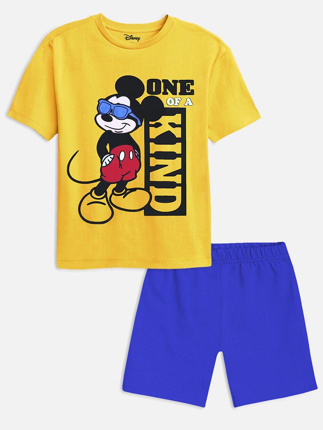 yk disney kids yellow & blue mickey mouse printed t-shirt with shorts