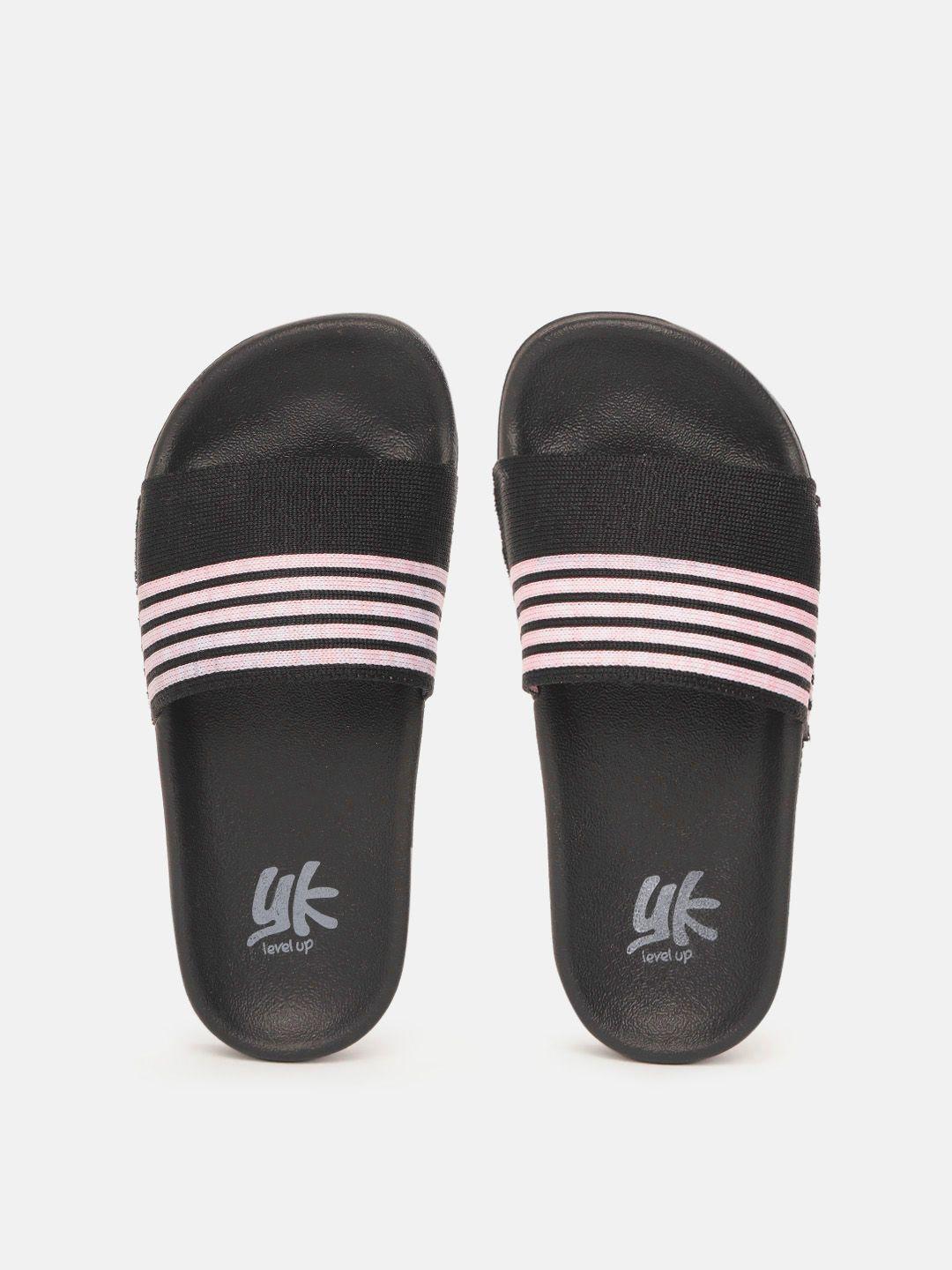 yk girls black & light pink striped sliders