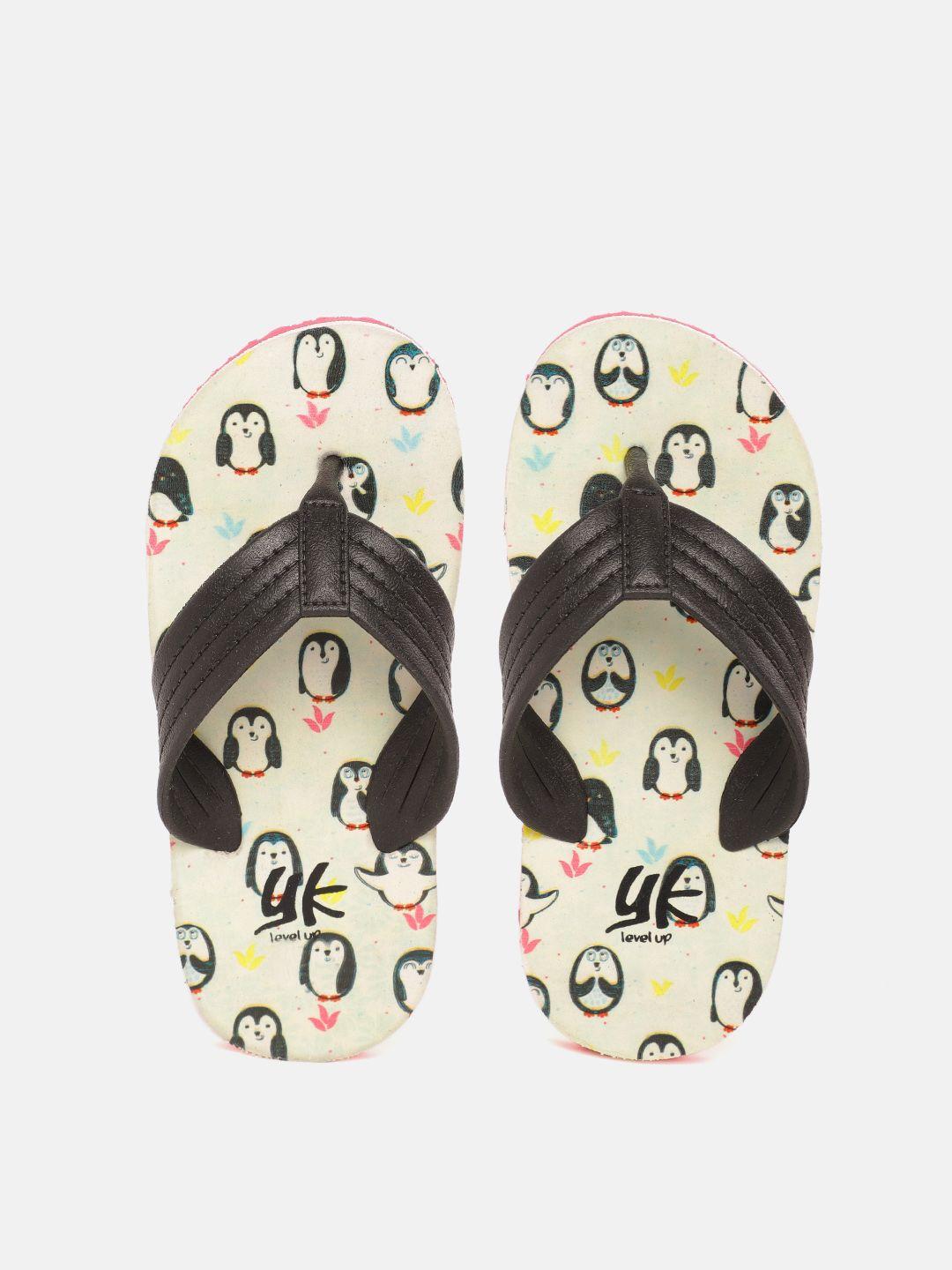 yk girls black & off-white penguin print thong flip-flops