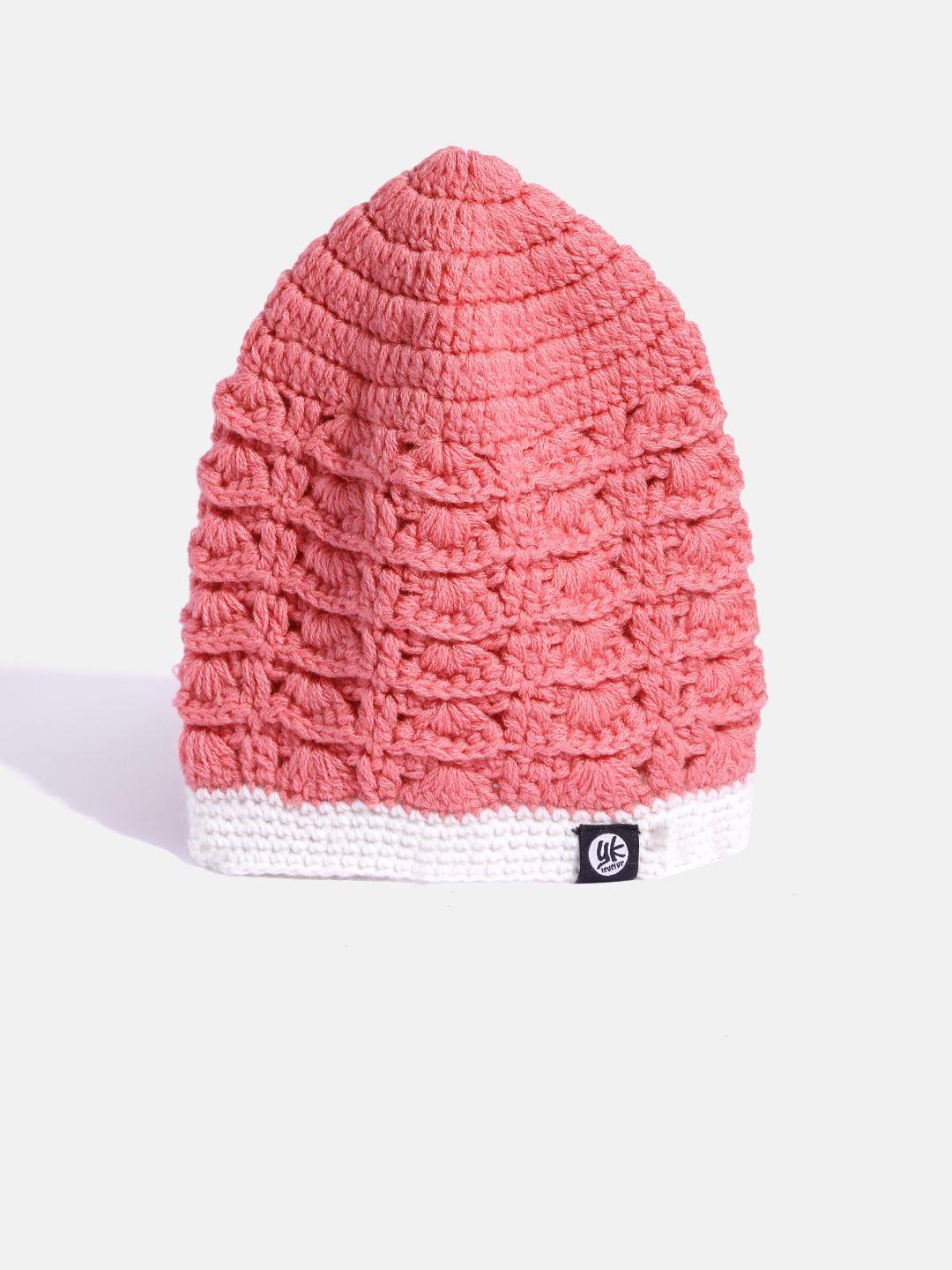 yk girls dusty pink open knit beanie