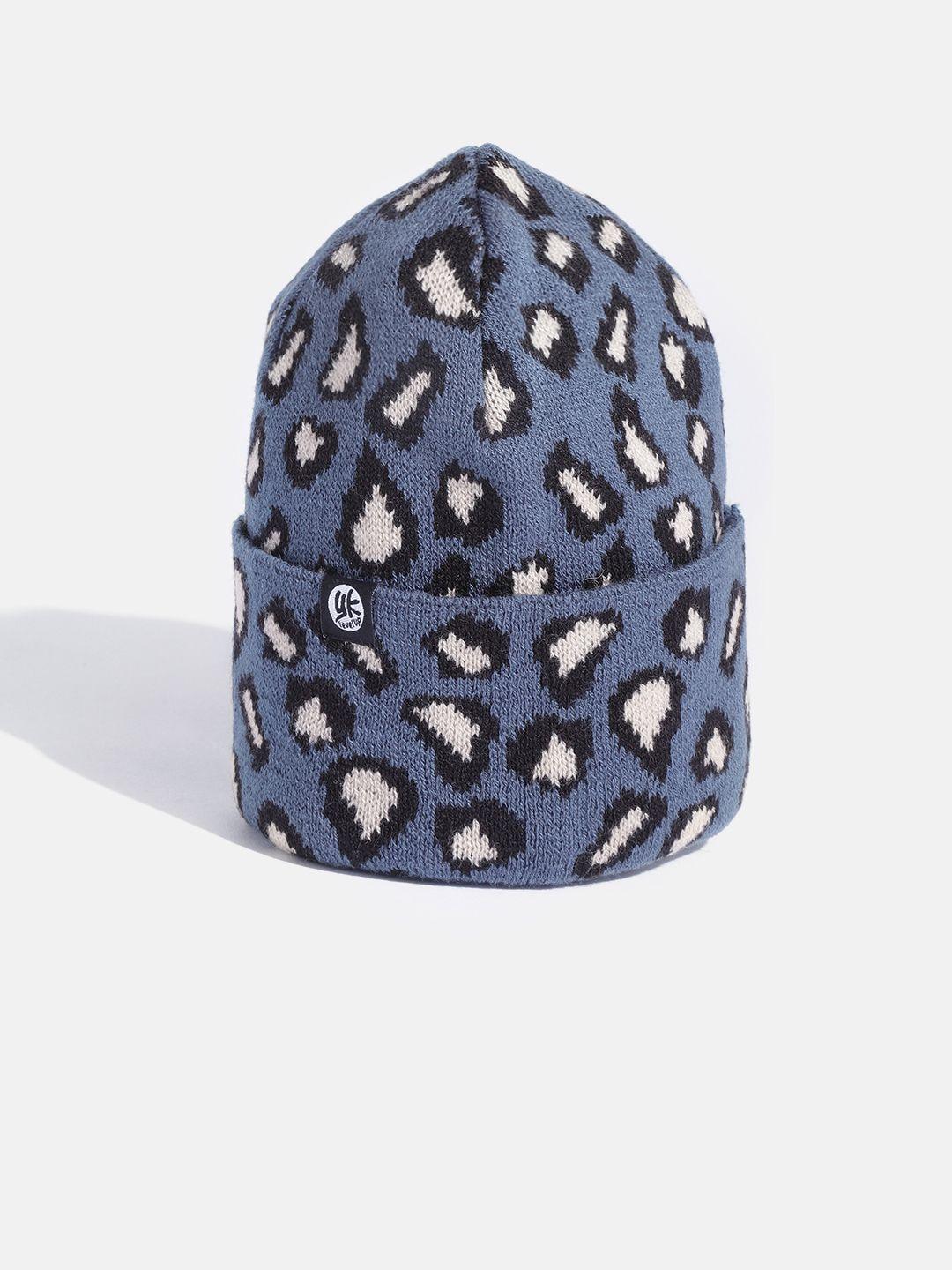 yk girls navy blue & off white leopard self-design beanie