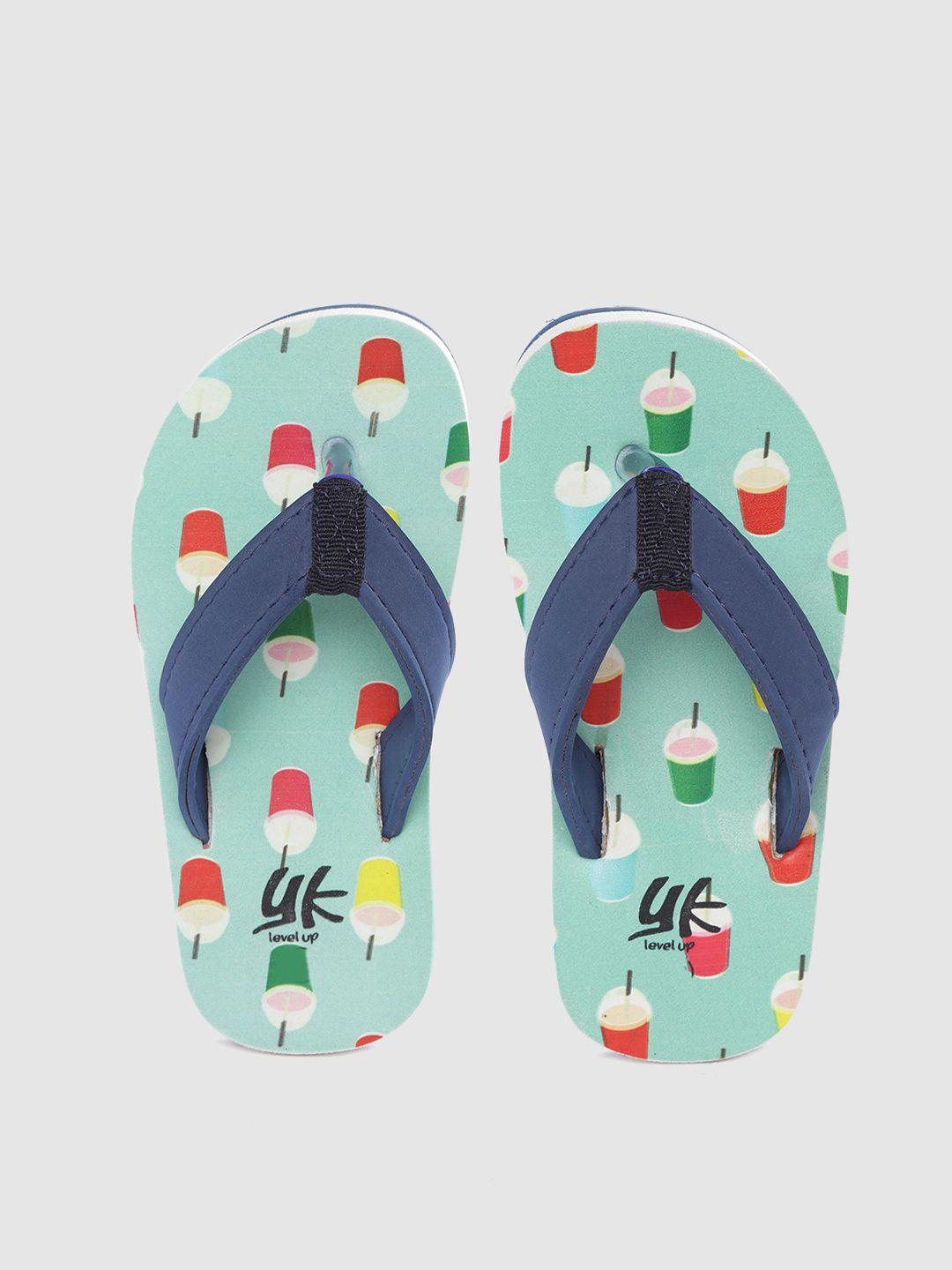 yk girls navy blue & sea green printed thong flip-flops