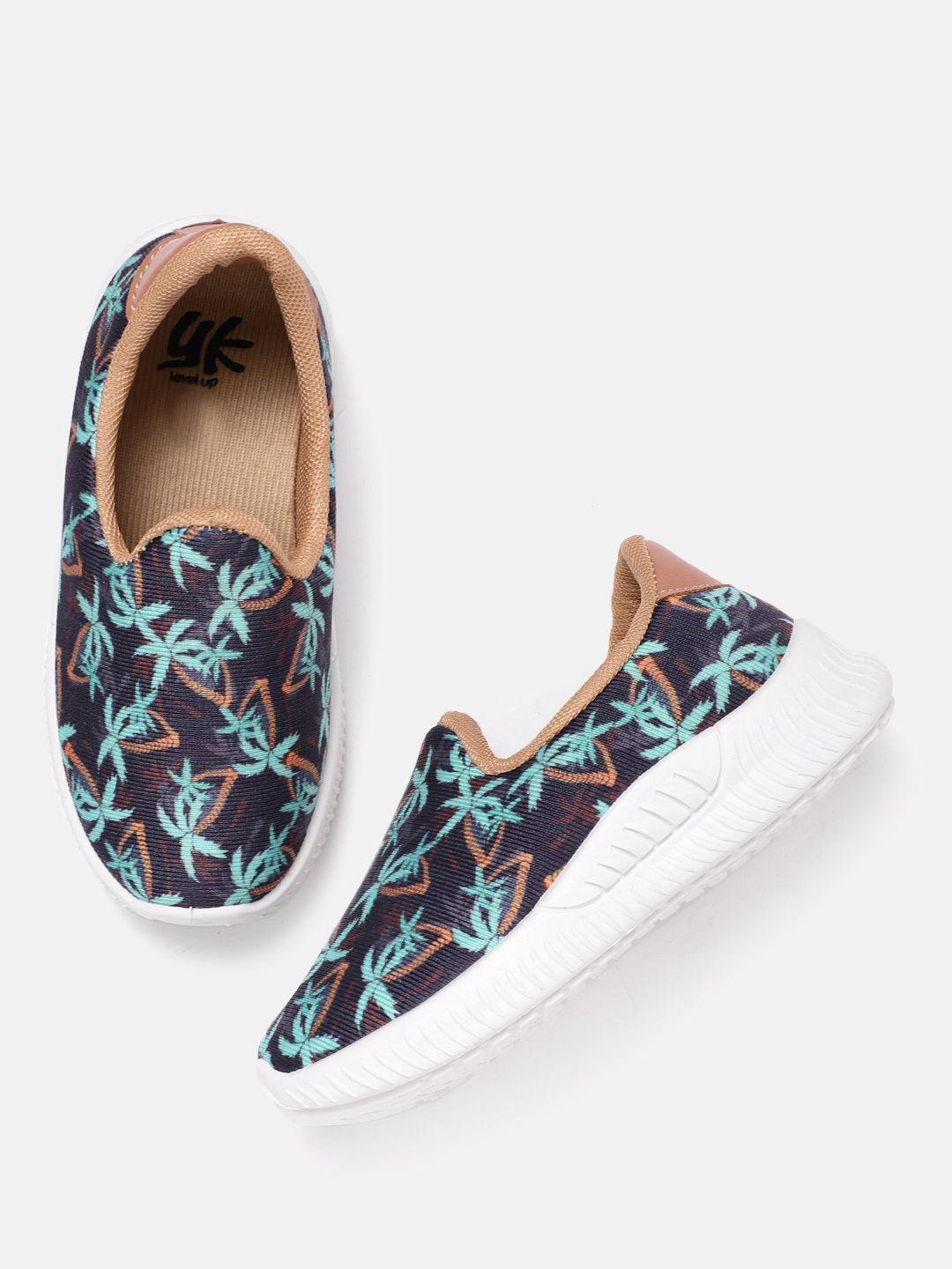 yk girls navy blue & sea green tropical print wide slip-on sneakers