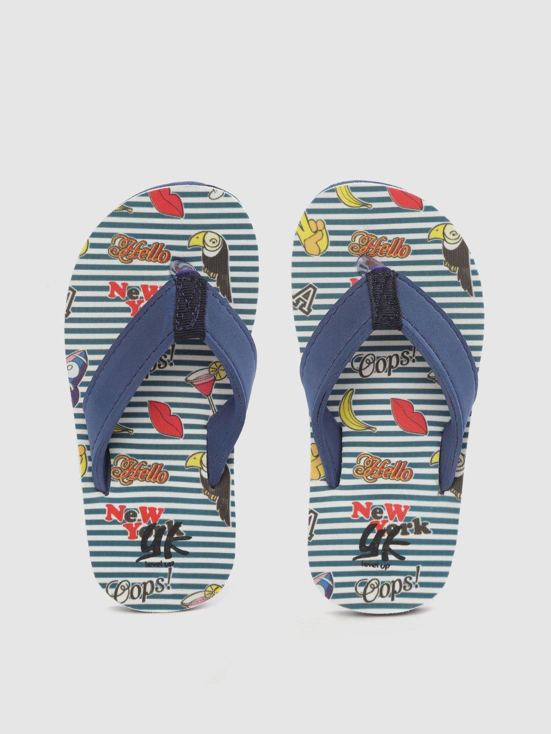yk girls navy blue & white striped thong flip-flops with conversational print detail