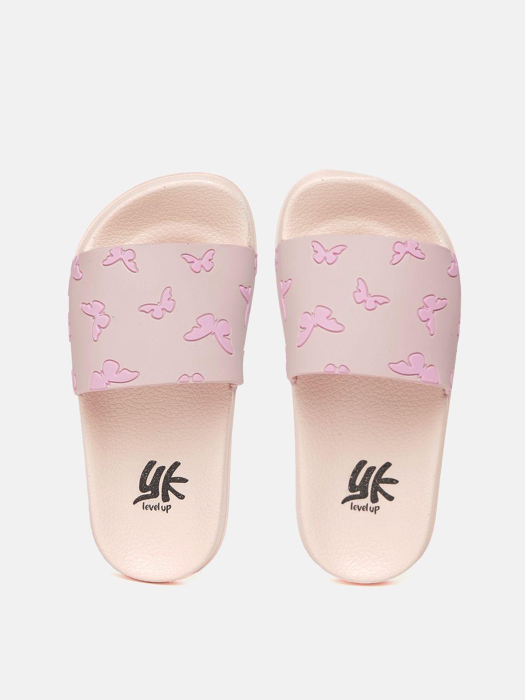 yk girls nude-coloured & pink butterfly textured sliders