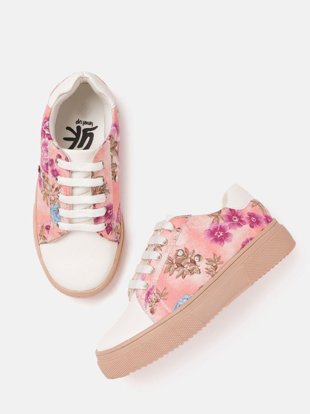 yk girls peach-coloured & brown floral print sneakers